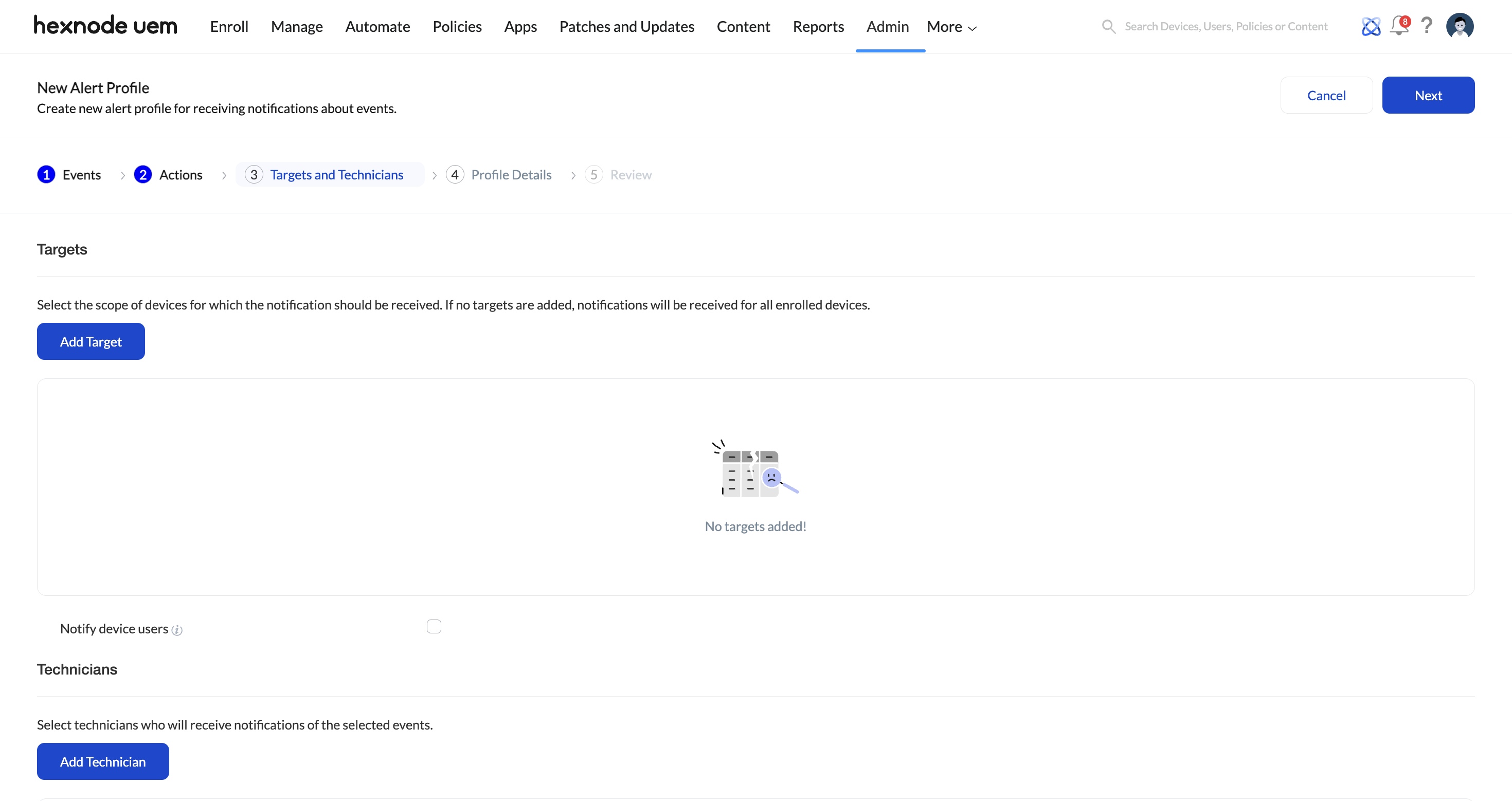 Choosing target devices and assigning recipients for alerts.