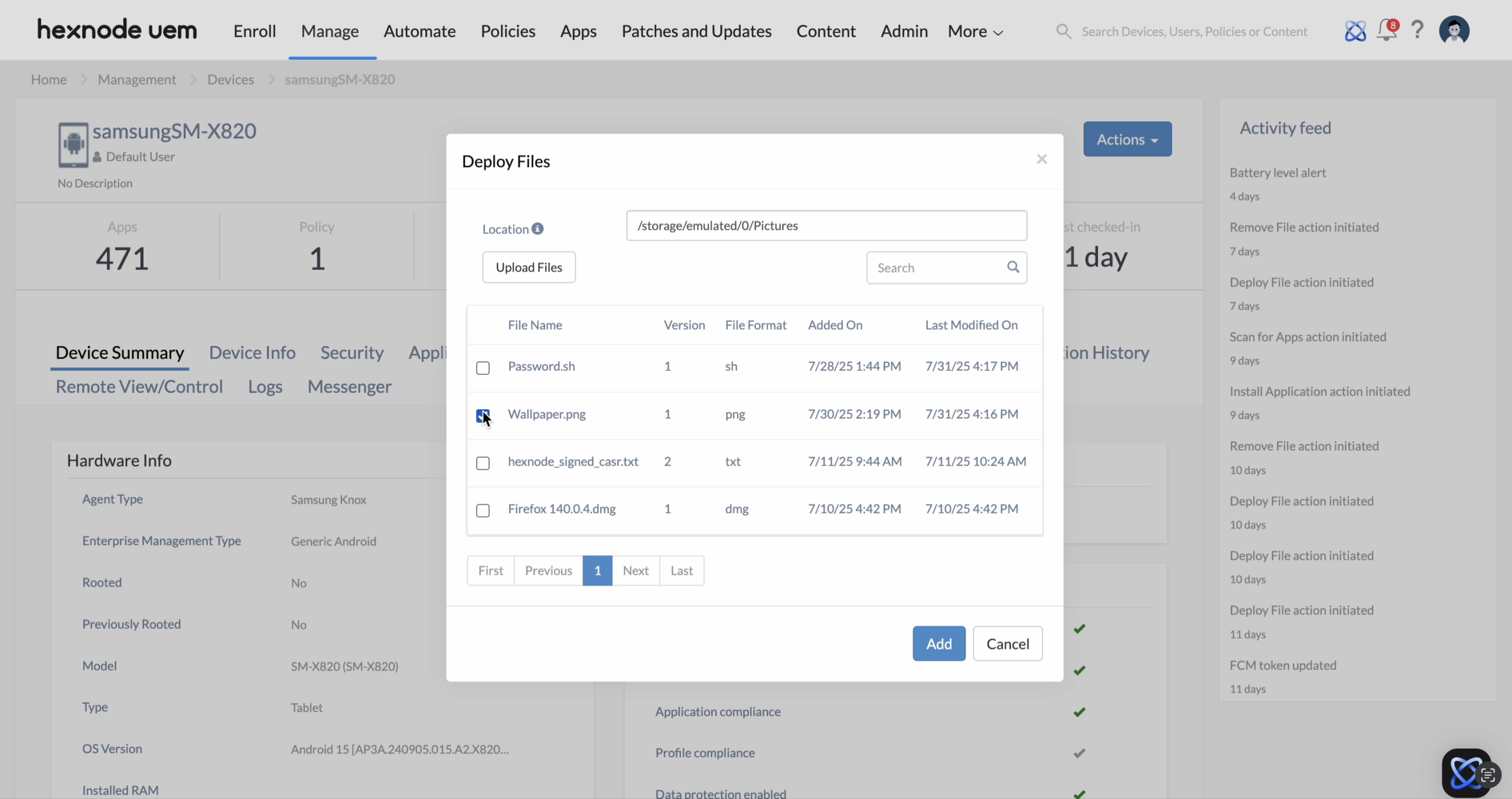 Deploy file action Deploy files to managed devices.