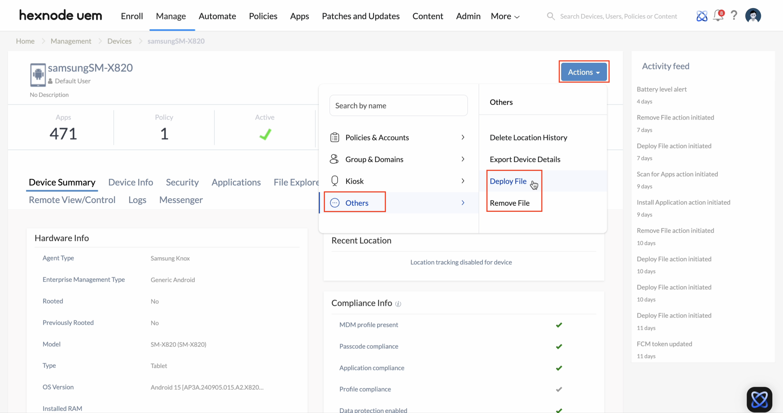 Deploy File and Remove file remote action Deploy and remove file remote action in Hexnode UEM.