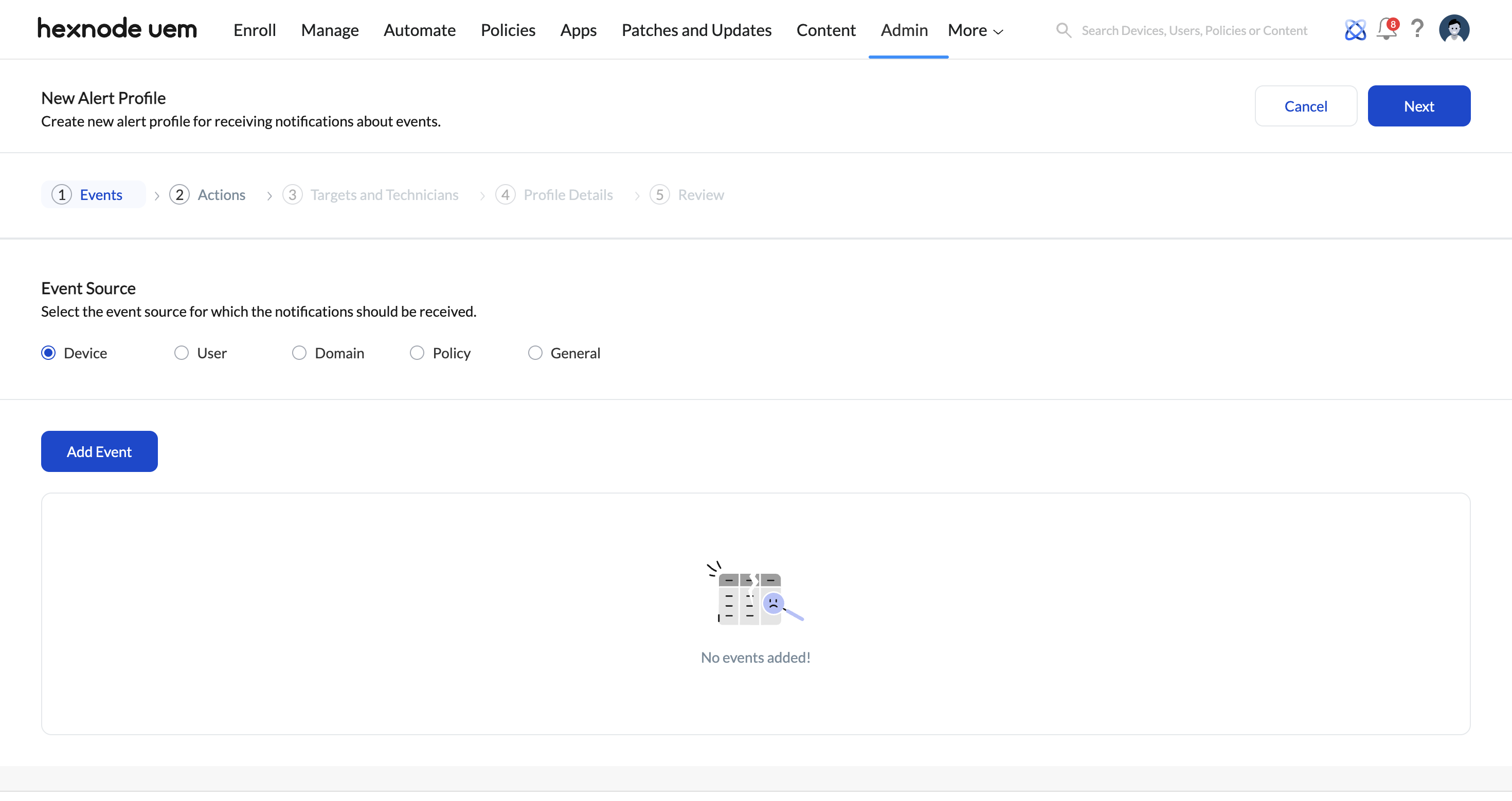 Configuring event source for alert profiles.