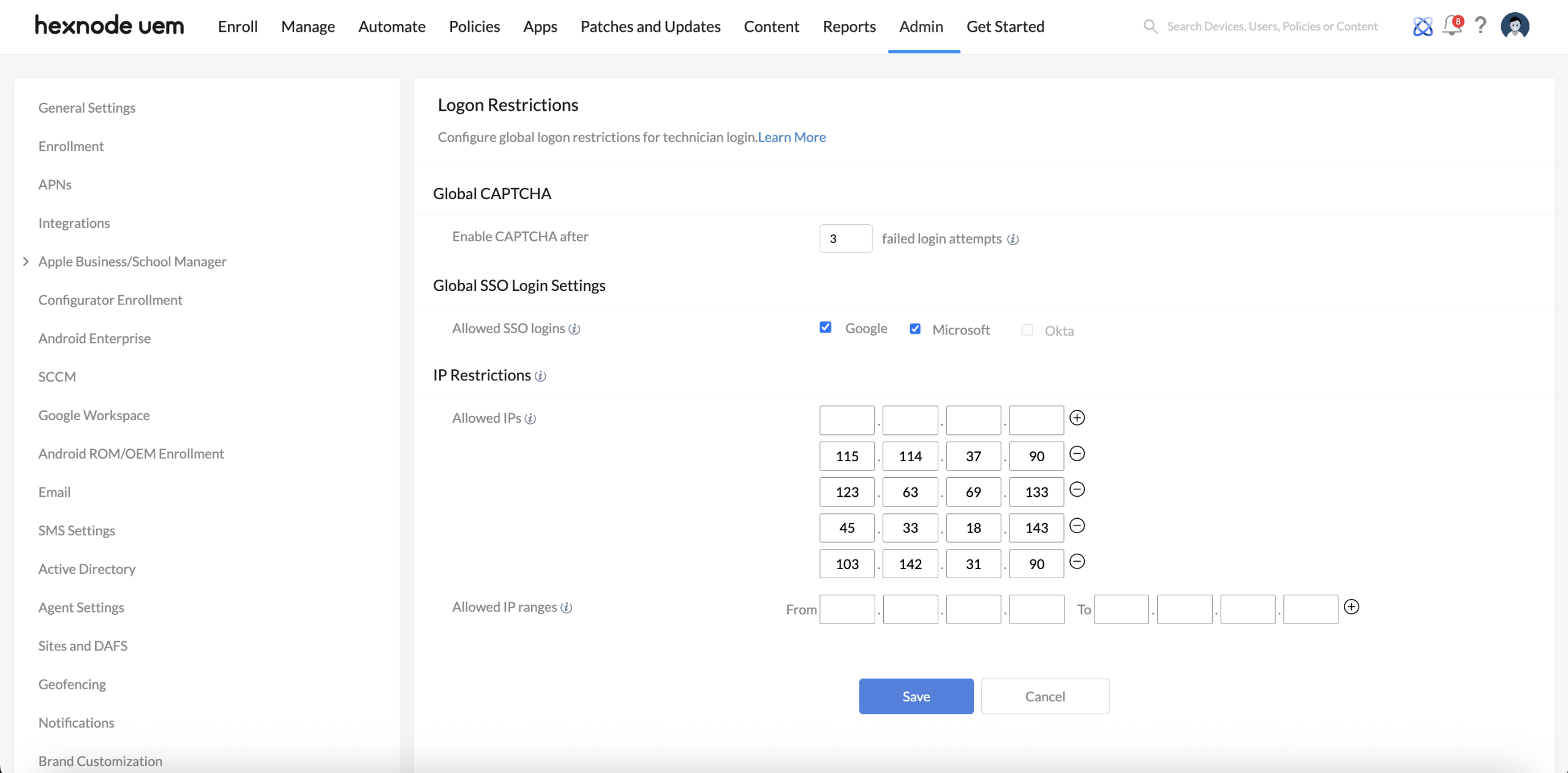 Configuring technician logon restrictions on Hexnode.