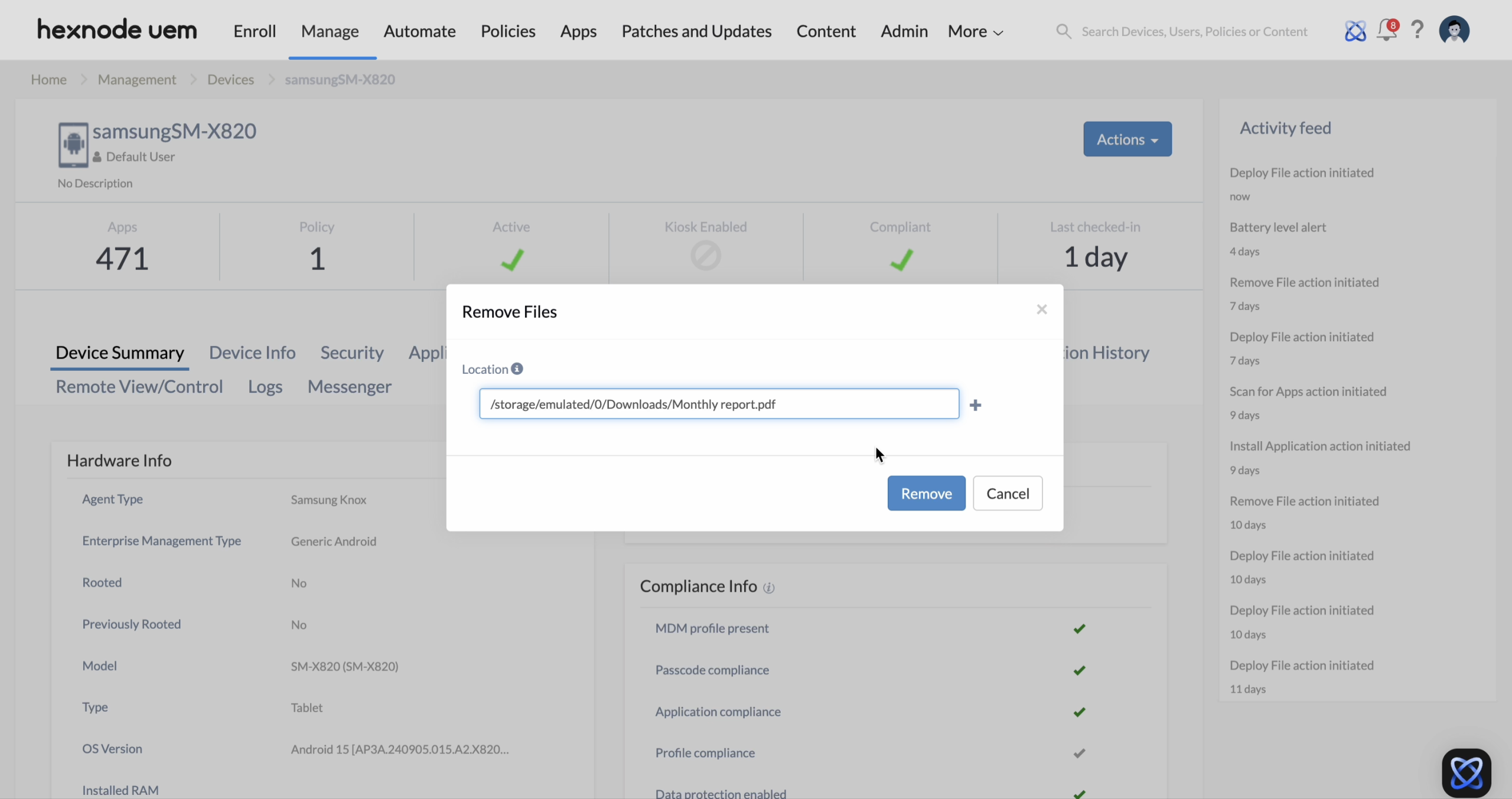 Remove file action Remove files from managed devices.