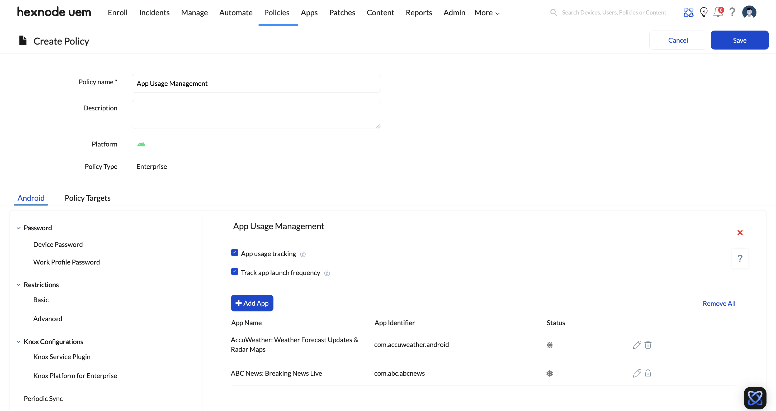 Configuring settings for tracking app usage on Android devices