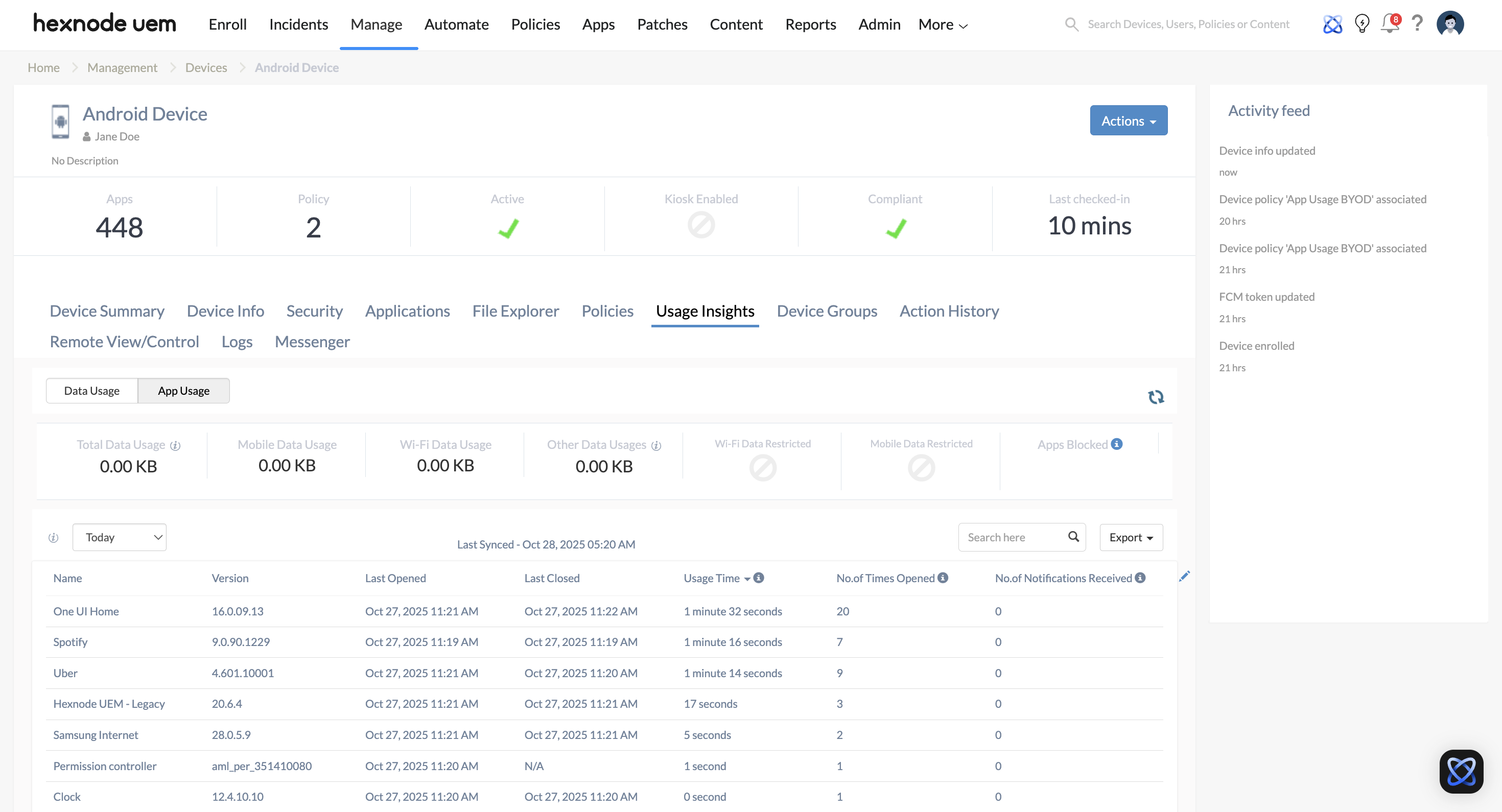 App Usage report for a selected Android device.