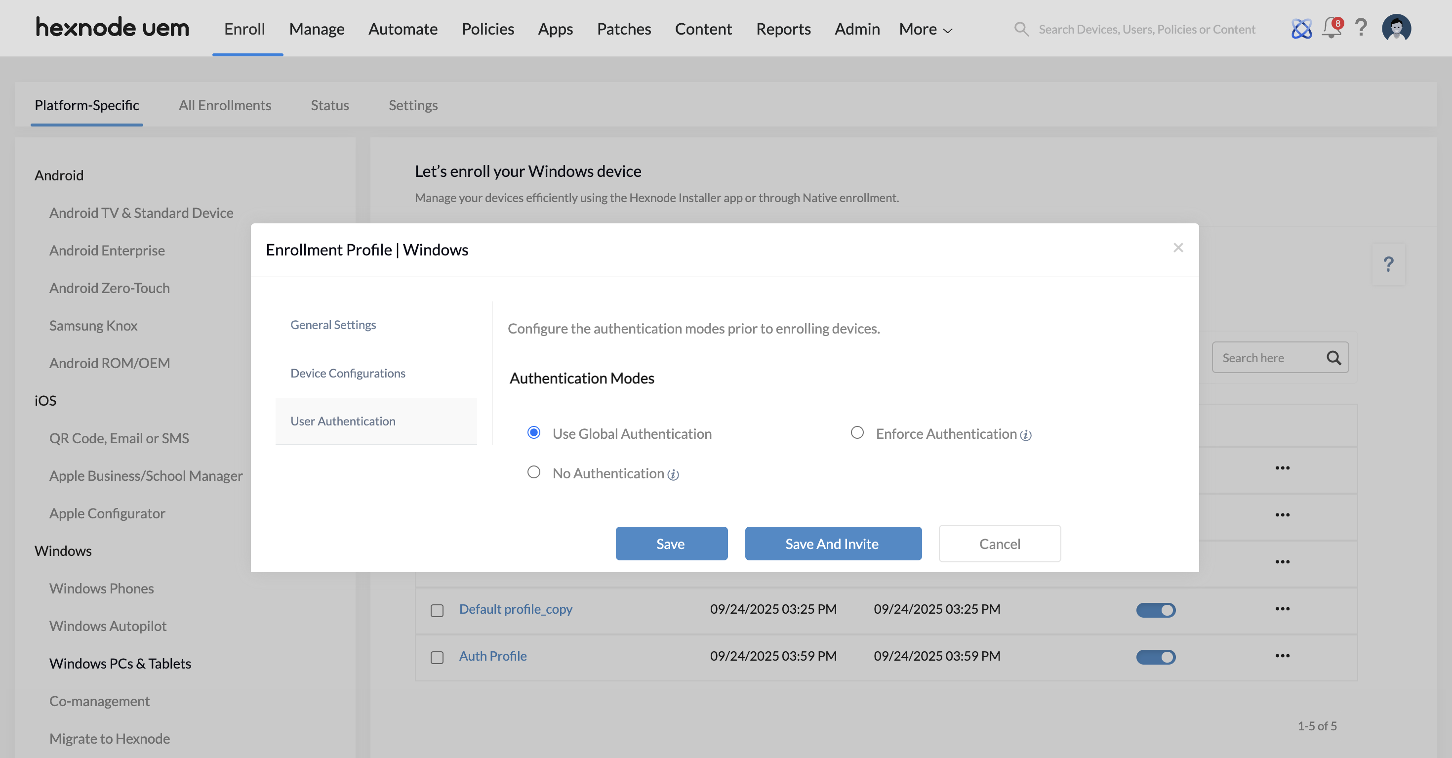 Configuring authentication modes in an enrollment profile.