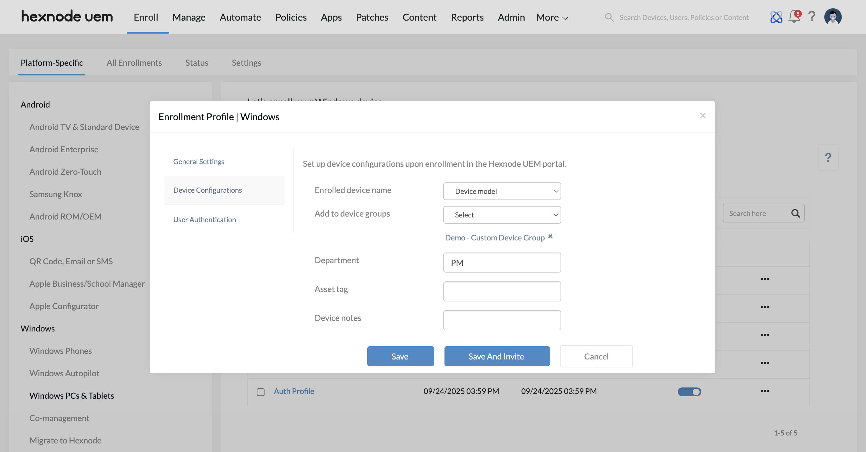 Device Configurations available in an enrollment profile for Windows.