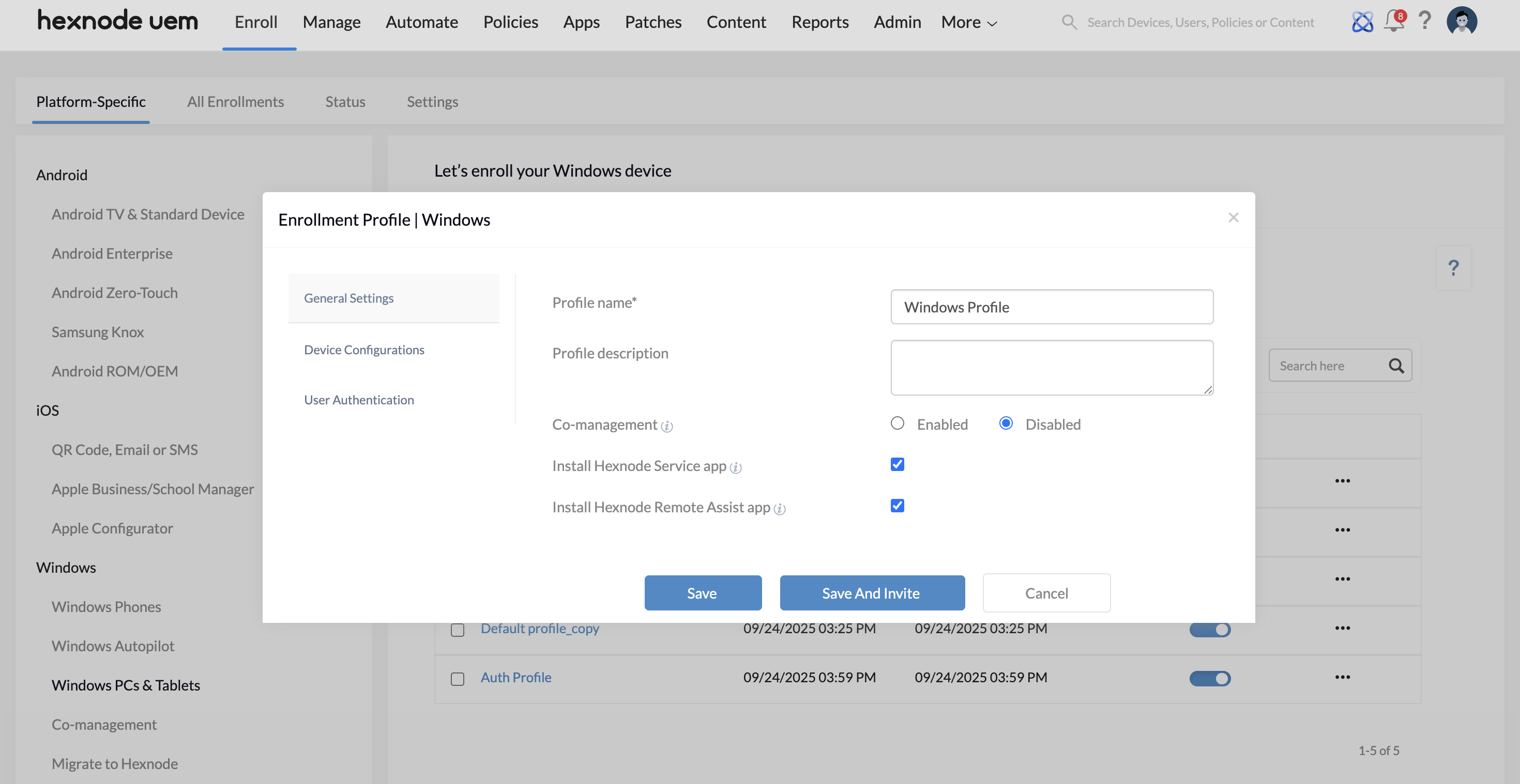 Configuring General Settings in Windows enrollment profile.