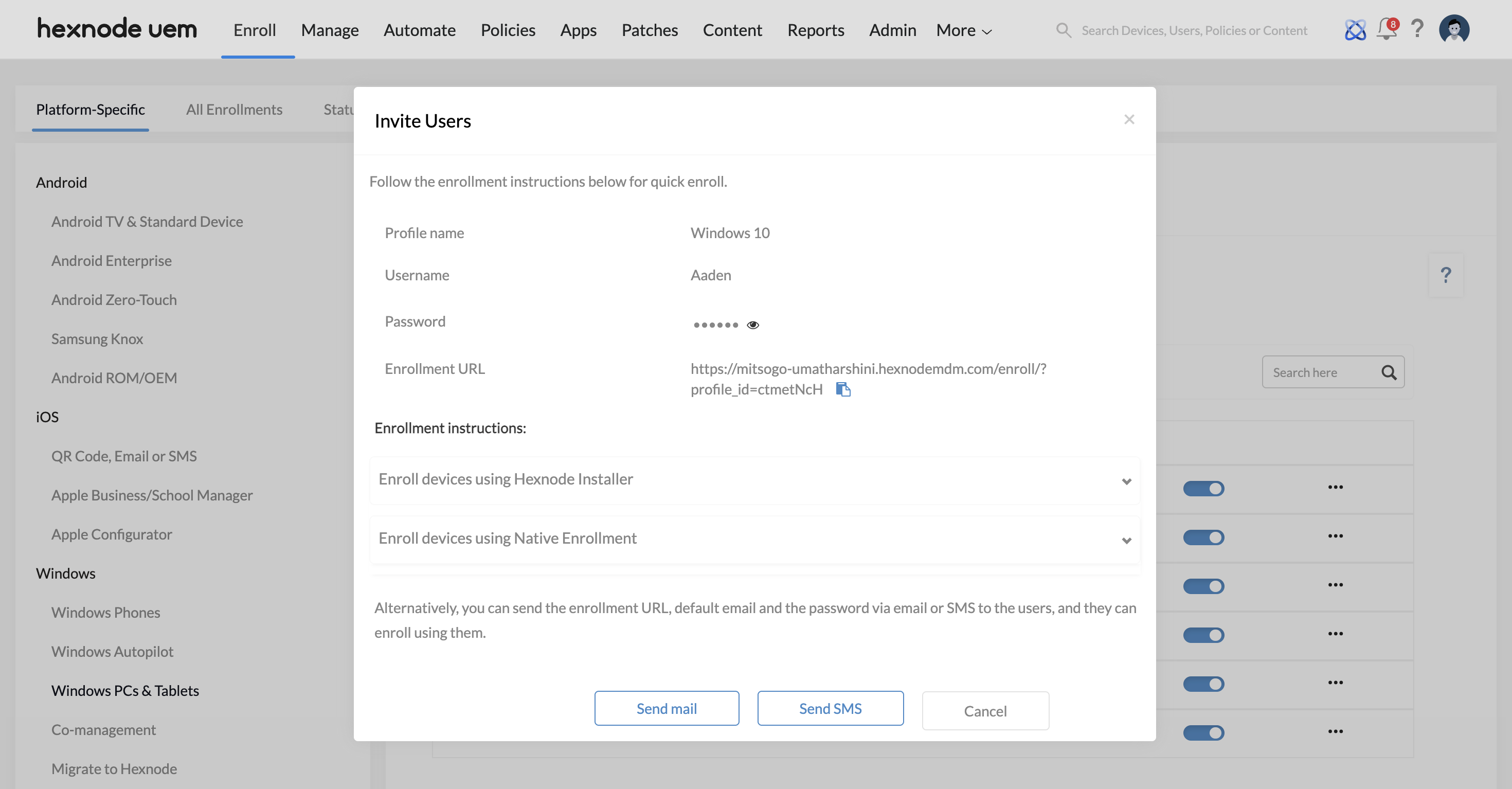 Send enrollment details to users via Invite Users.