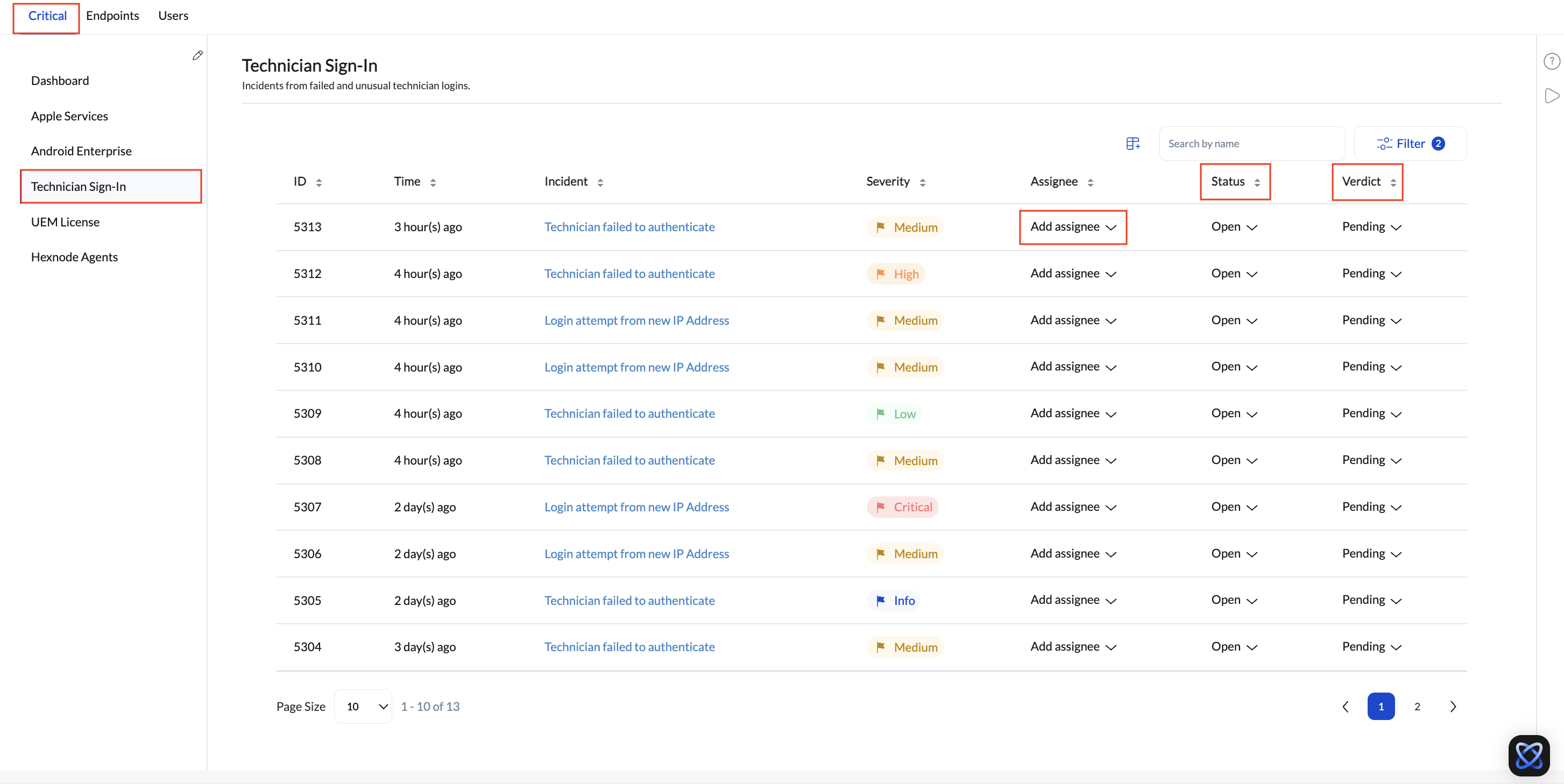Screenshot of Hexnode UEM console assigning a technician to an incident. Navigate to the Incidents tab, choose an incident from any category and click on the Add Assignee option for that incident.