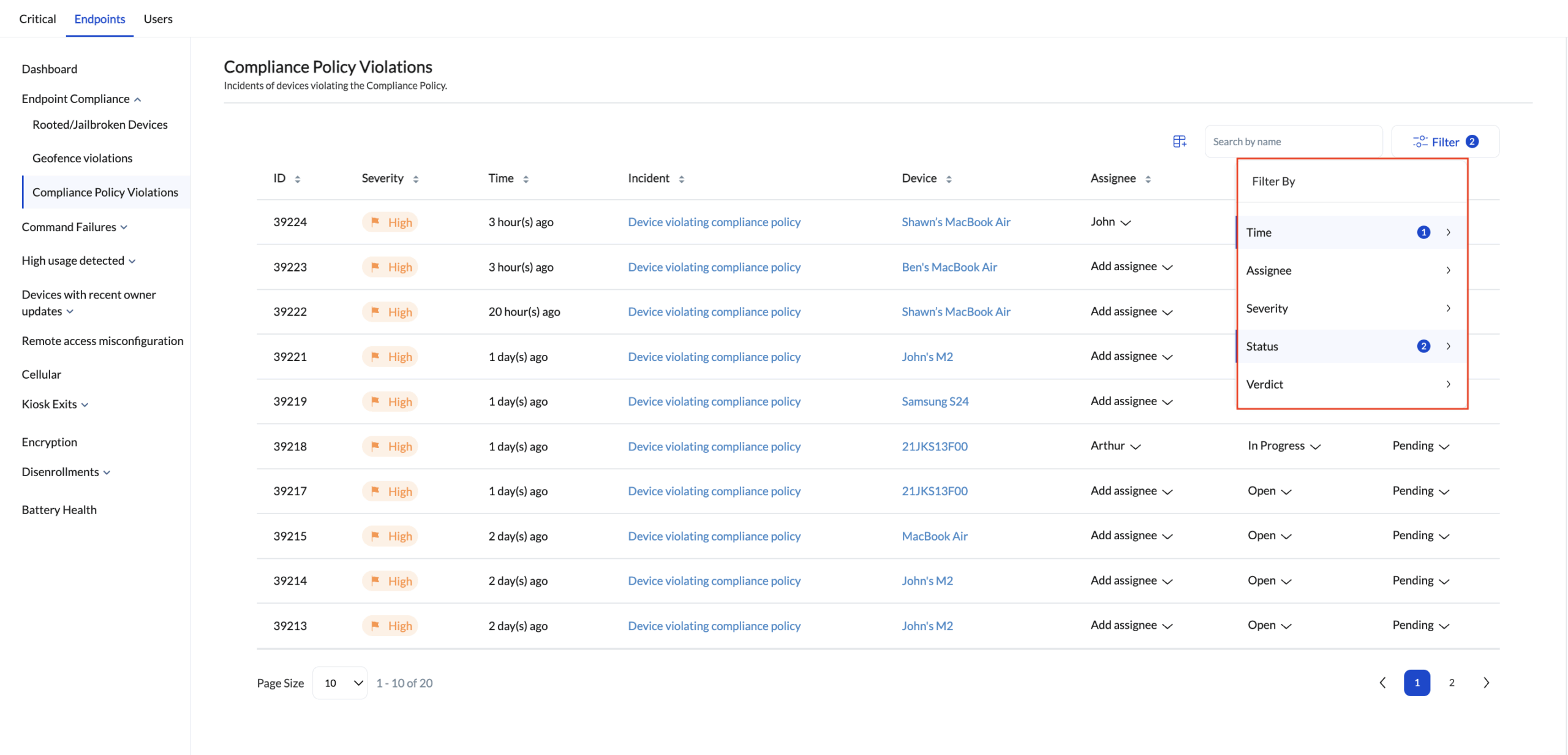 Available options to filter incidents Filter options available to manage incidents effectively