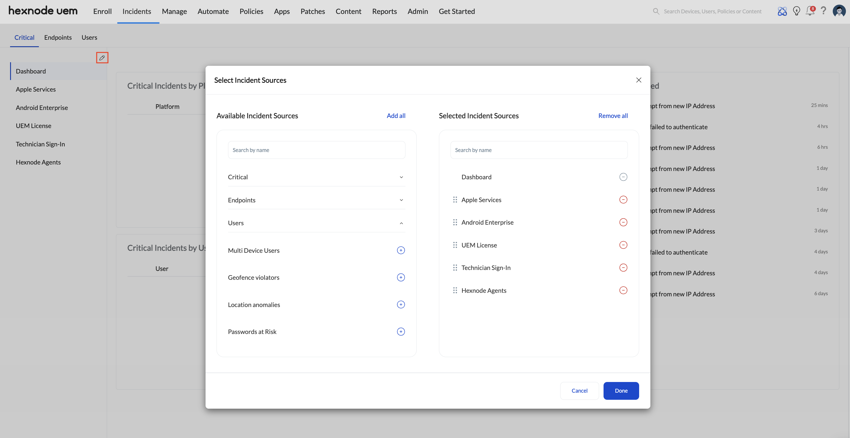 Screenshot of the Hexnode UEM console for customizing the Critical incident dashboard