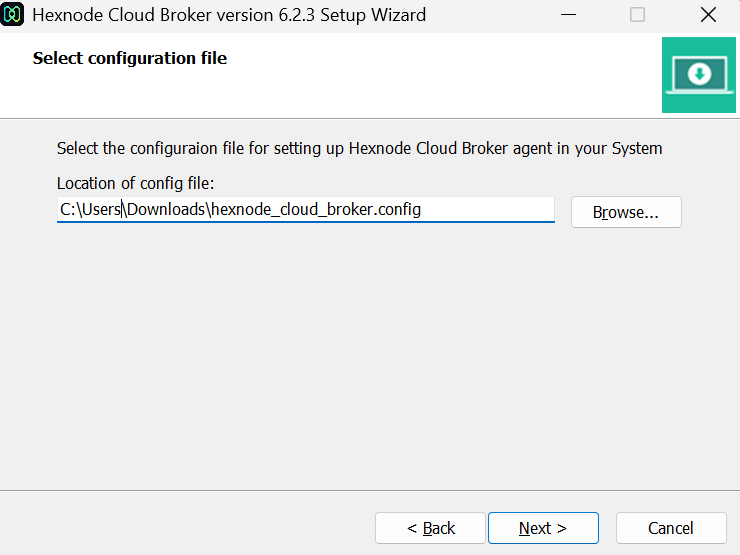 Select the configuration file needed for setting up Hexnode Cloud Broker agent Choose the config file for setting up Hexnode Cloud Broker agent on your system