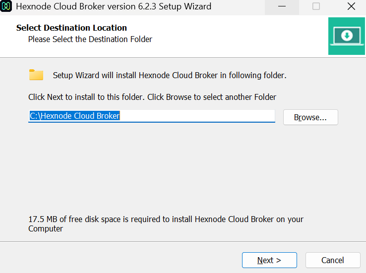 Select the destination folder to install the Hexnode Cloud Broker setup on the Windows device Choose installation destination for Hexnode Cloud Broker on your Windows device