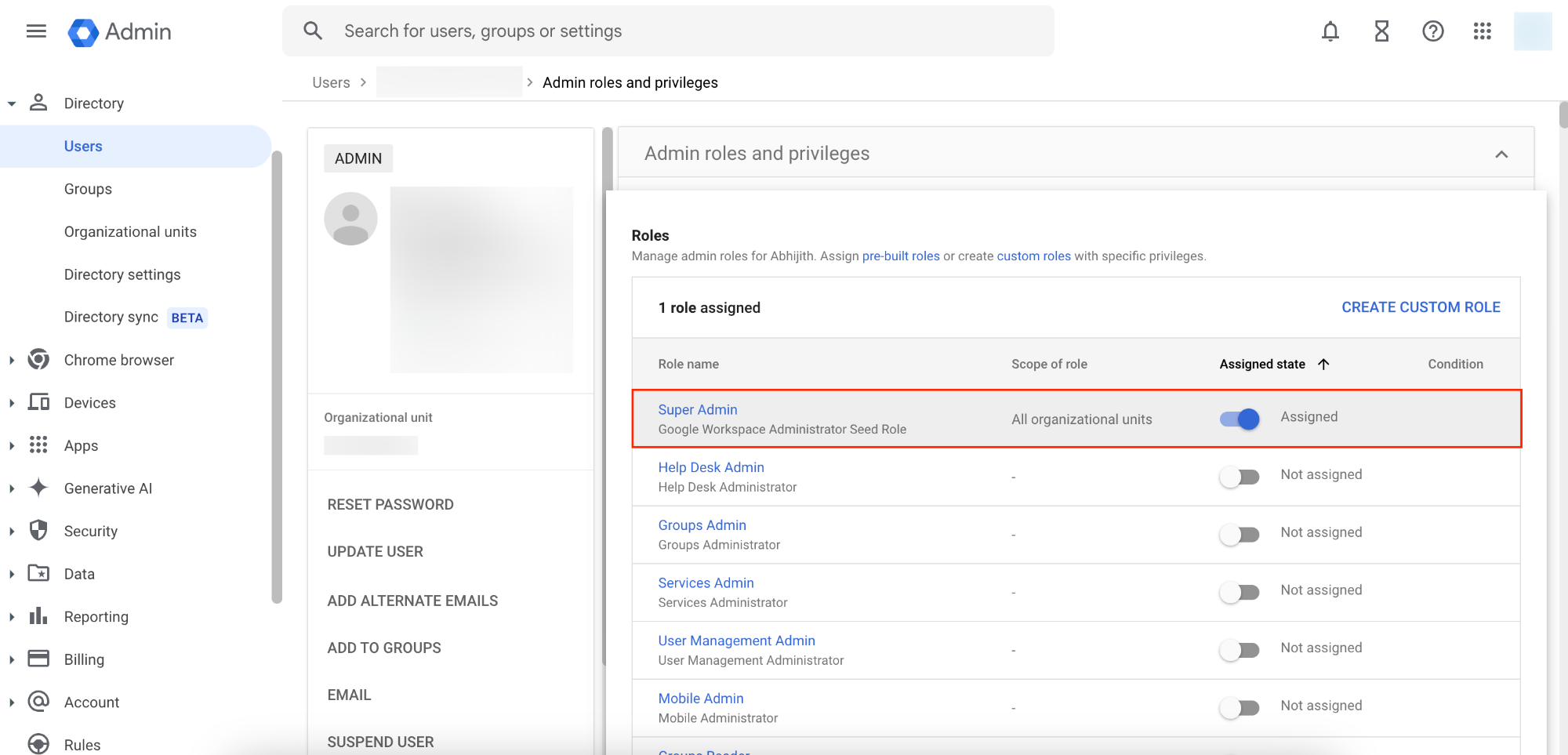 Assigning super admin role in Google Admin console for Google Workspace integration.