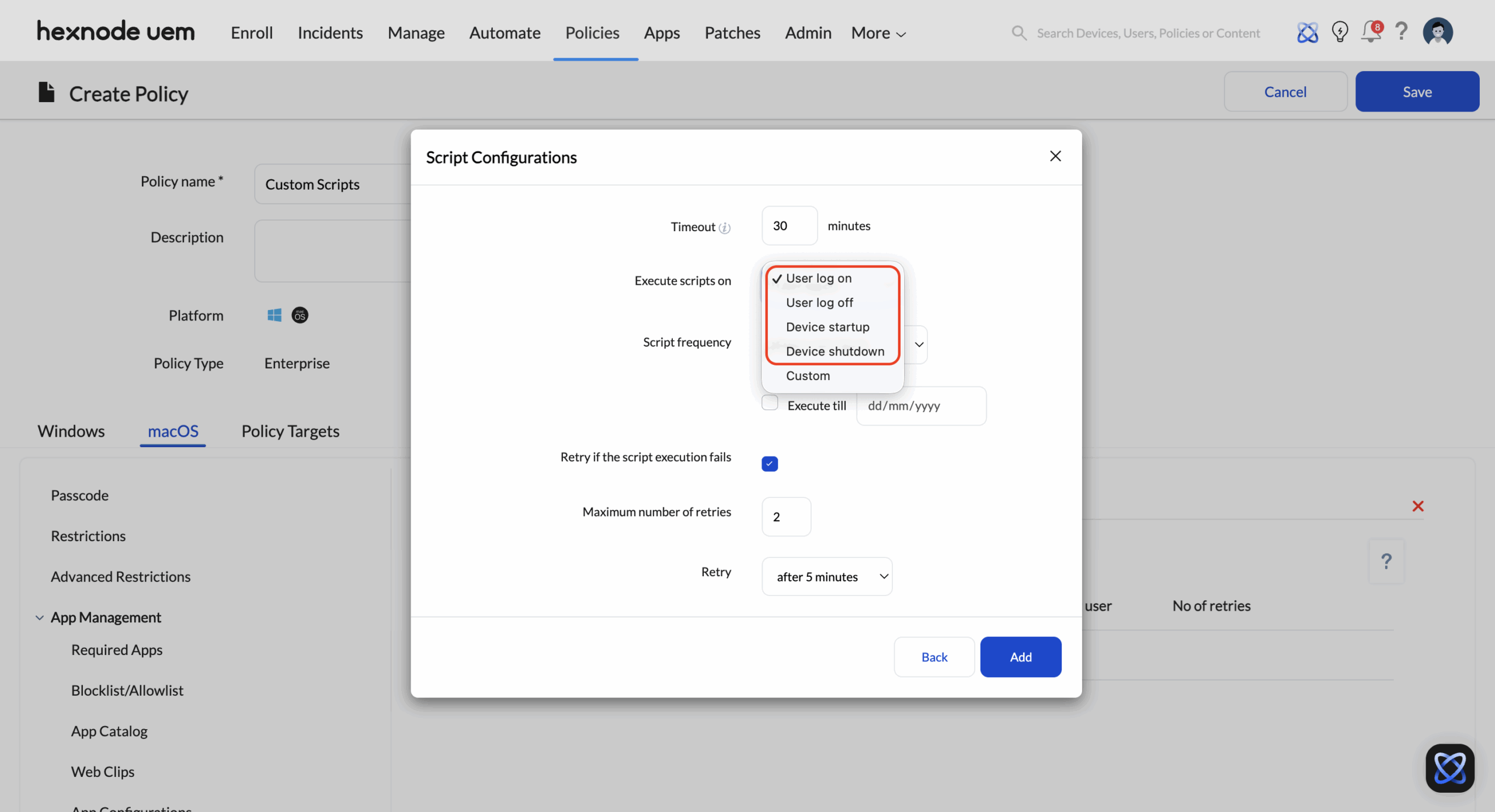Event-Driven Automation using Scripts policy Automation of scripts based on events via Scripts policy in Hexnode UEM