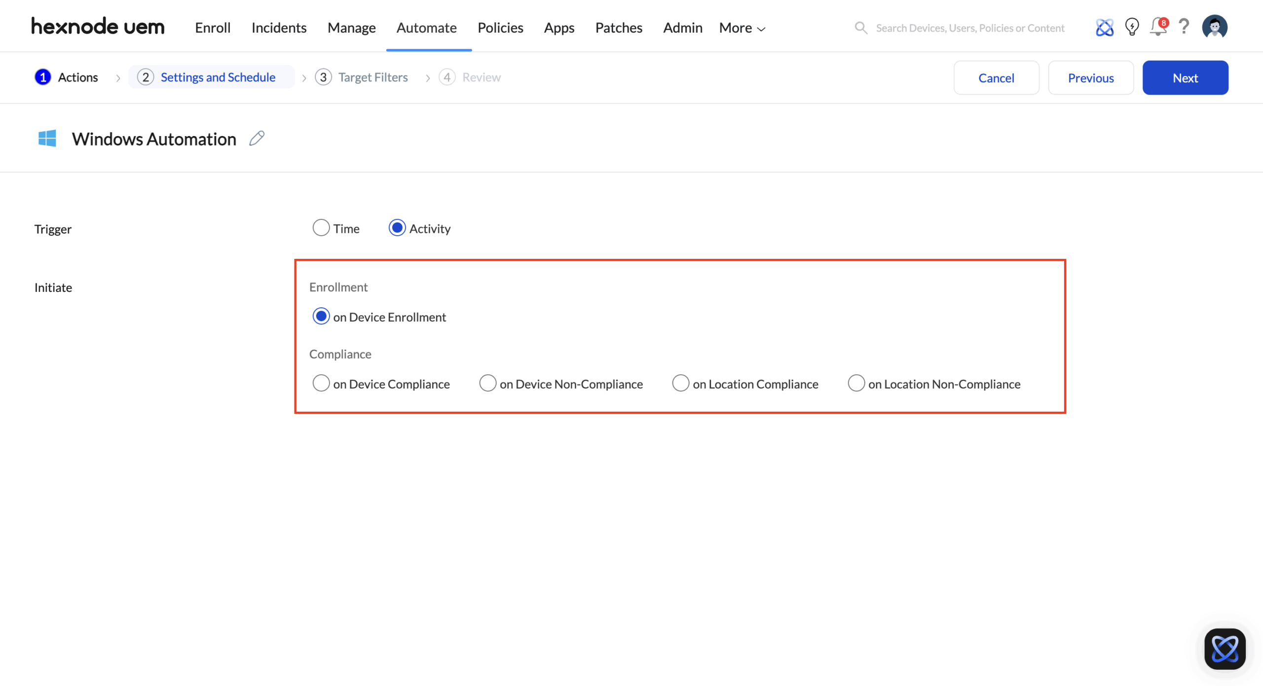 Event-Driven Automation via Automate tab Automation of actions based on events using Automate tab in Hexnode UEM