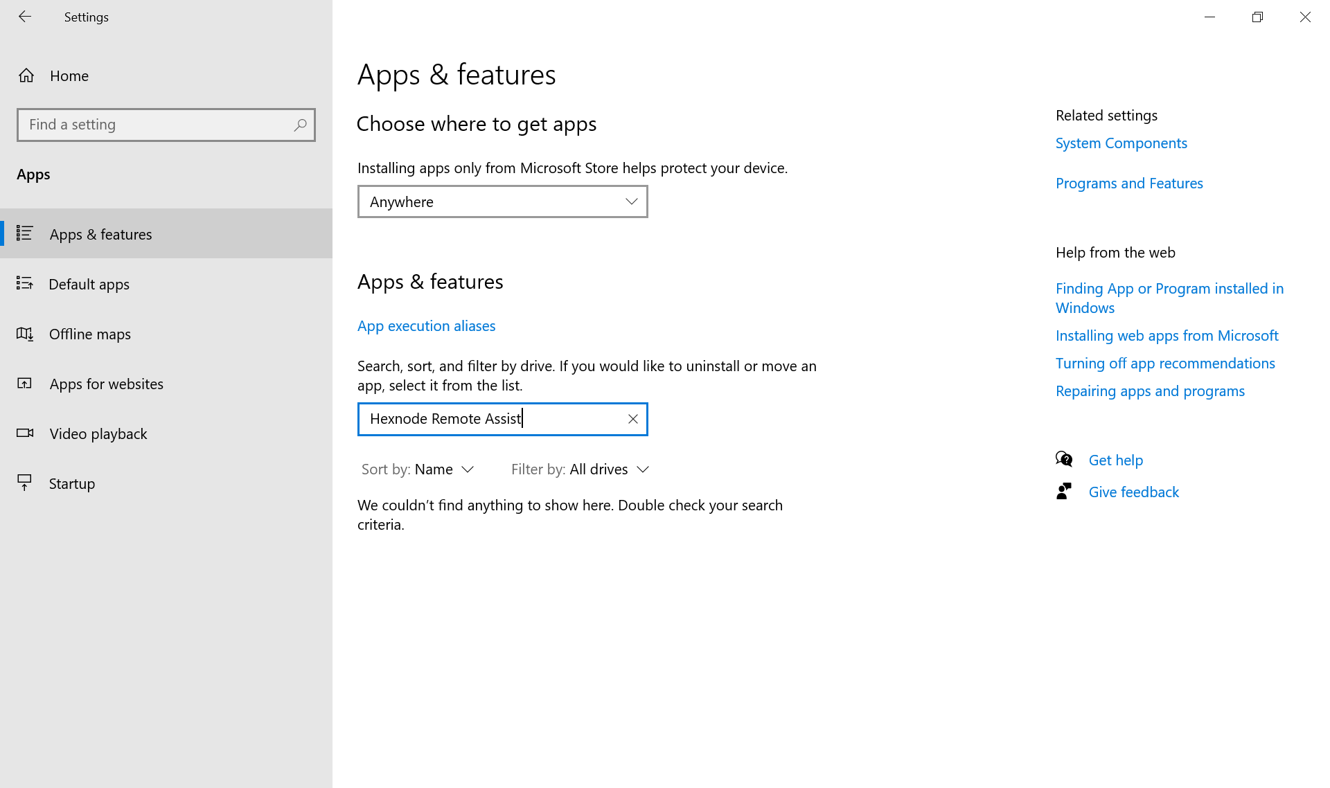 Apps list in Device Settings does not display Hexnode Remote Assist. 
 