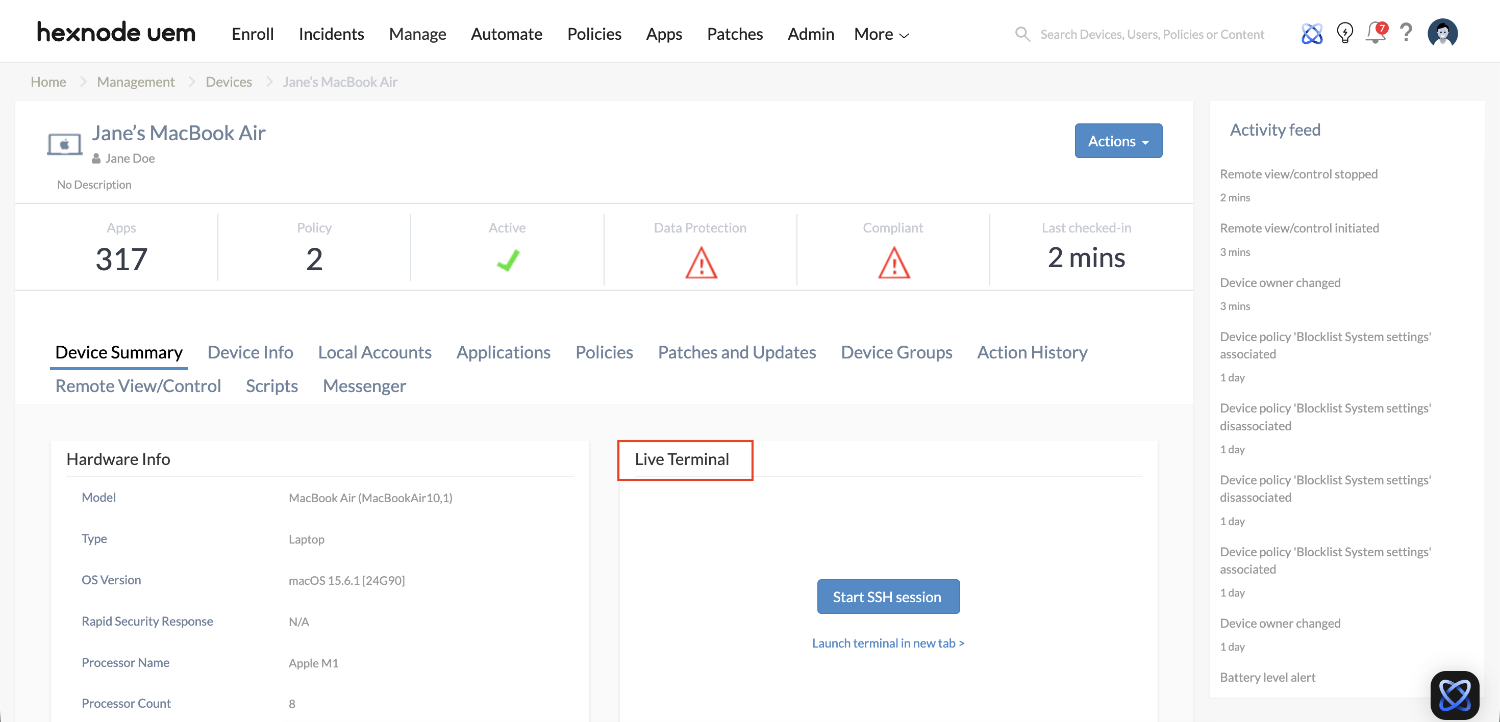 Live Terminal feature in Hexnode UEM portal.