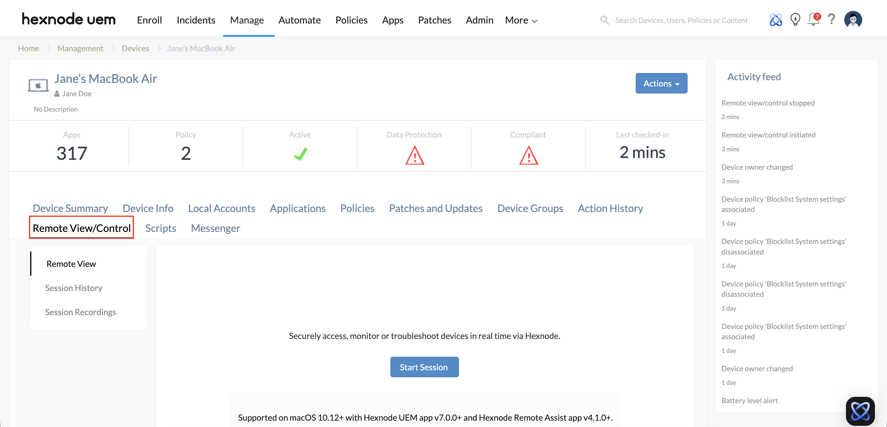 Remote View, Remote Control subtab in Hexnode UEM portal.