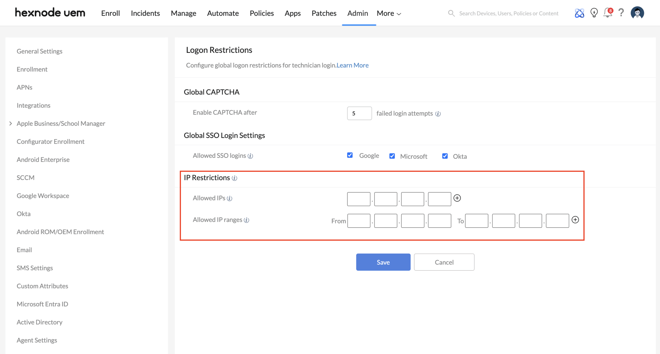 Administrative Perimeter Security via Hexnode IP Restrictions The Hexnode interface displaying settings to define allowed IP ranges, establishing a secure network administrative perimeter