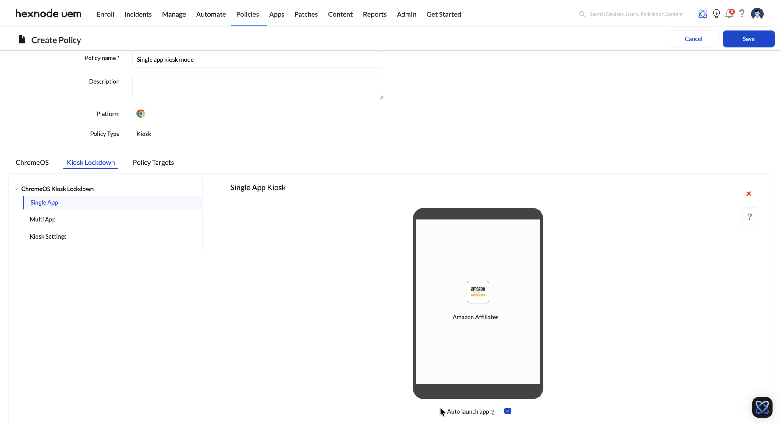 Setting up Single App Kiosk mode for dedicated-purpose devices via Hexnode Chromebook enterprise management.