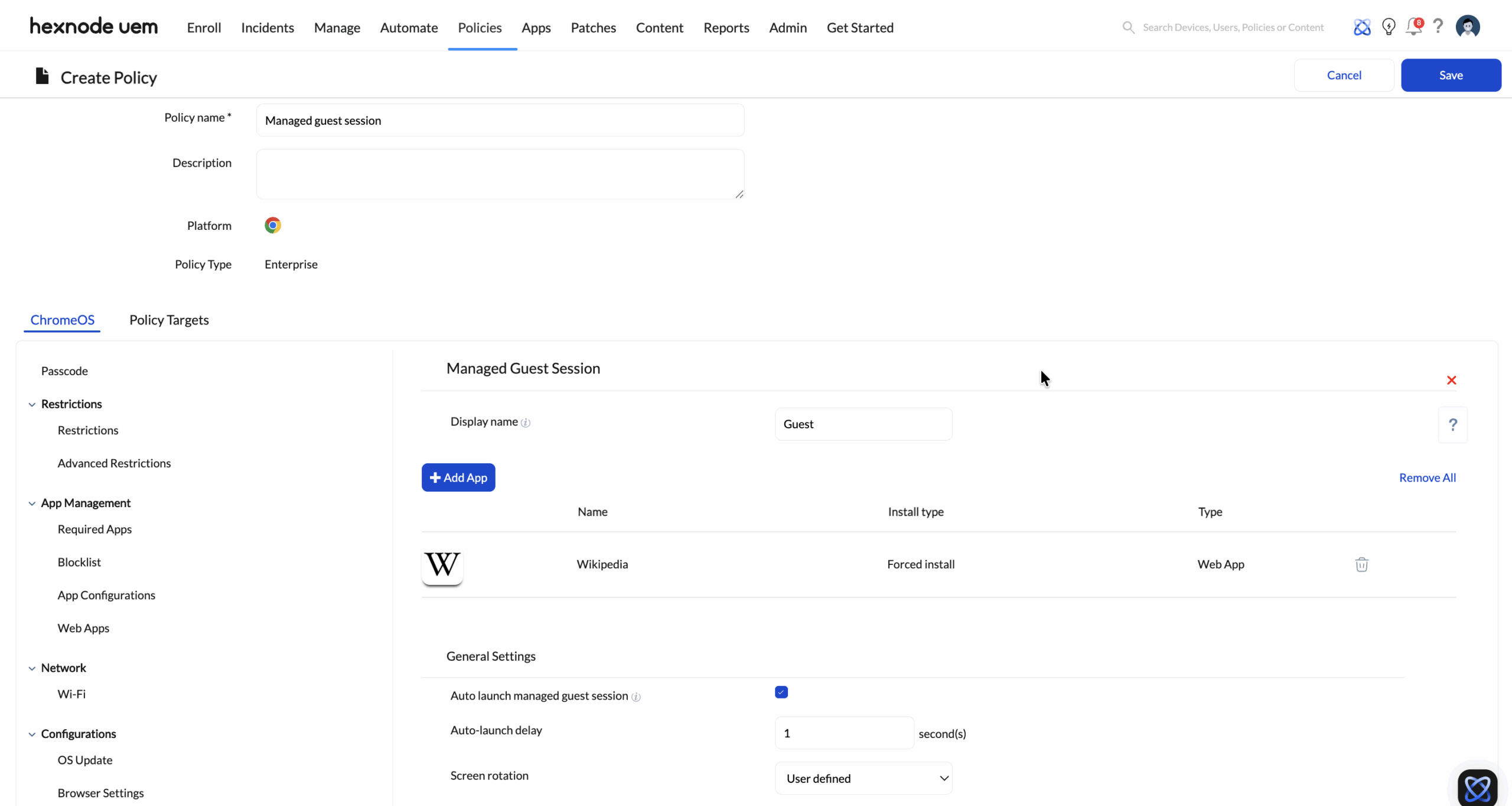 Configuring managed guest sessions for shared hardware in a Chromebook enterprise management environment