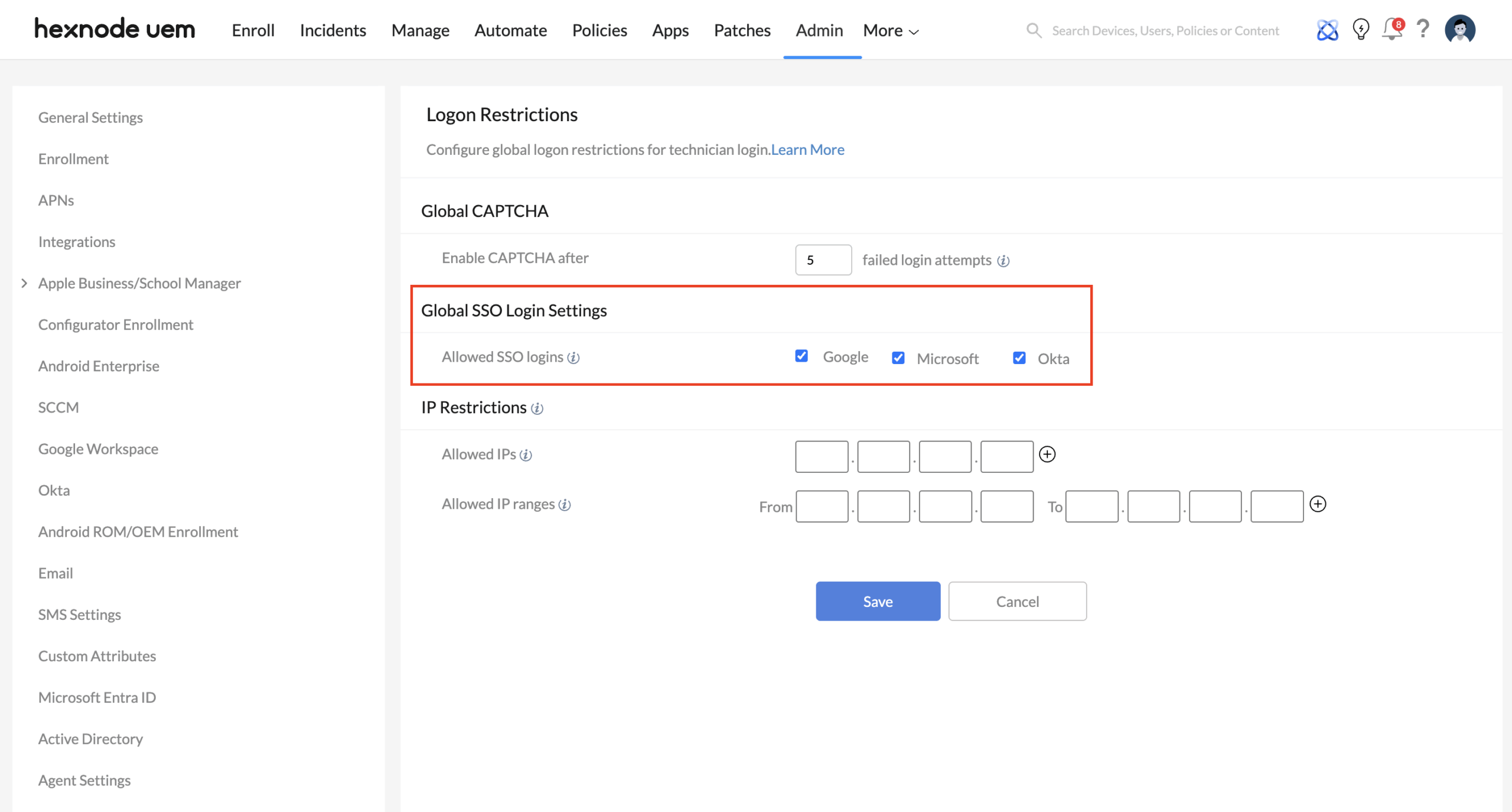 Configuring Global SSO for Administrative Perimeter Security in Hexnode Hexnode Global SSO configuration options for Google, Microsoft, and Okta login used to secure the administrative perimeter identities