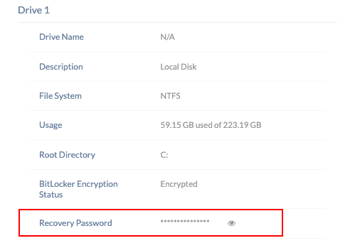 Continuous Posture Management Escrowed Recovery Password Escrowed recovery password displayed in Hexnode for continuous posture management