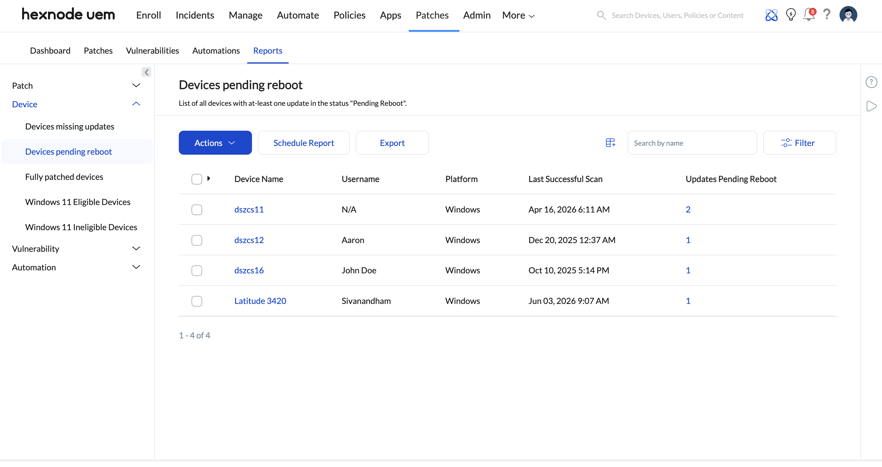 Screenshot of Hexnode console showing the Devices Pending Reboot report under Patches tab