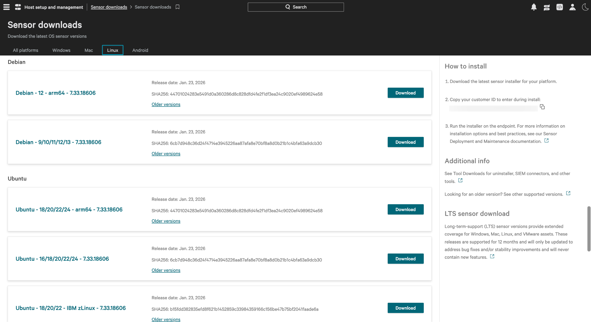 Downloading the Falcon sensor for Linux from the CrowdStrike host setup menu.