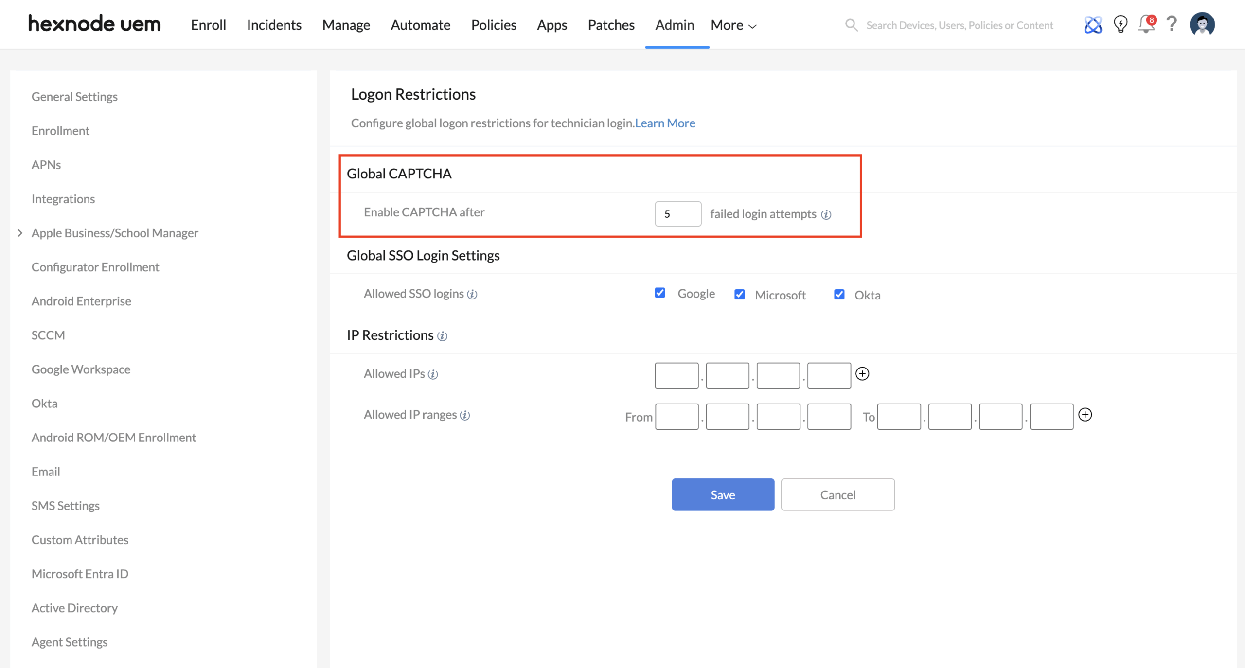Enhancing Administrative Perimeter Security with Hexnode CAPTCHA Settings Hexnode settings page for enabling CAPTCHA thresholds to defend the administrative perimeter against automated bot attacks