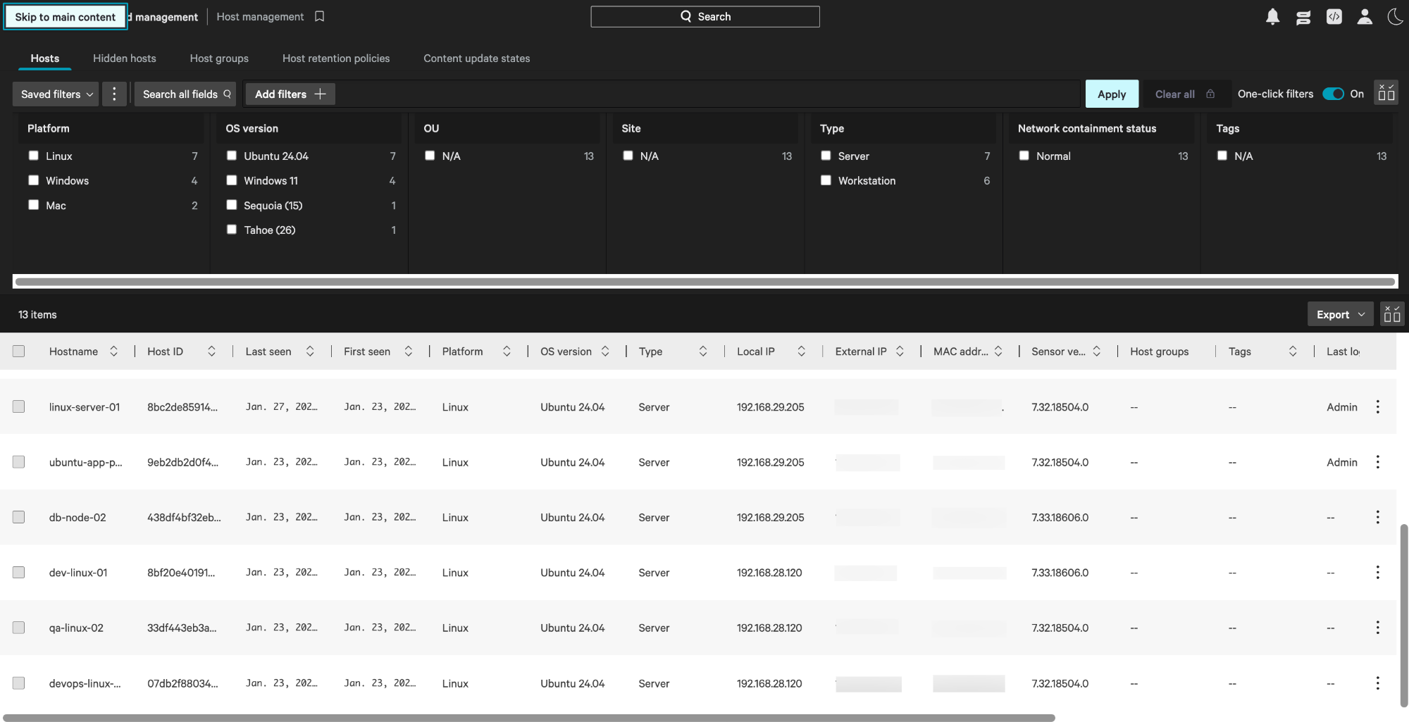 CrowdStrike Falcon sensor for Linux successfully installed and visible in the host management console.
