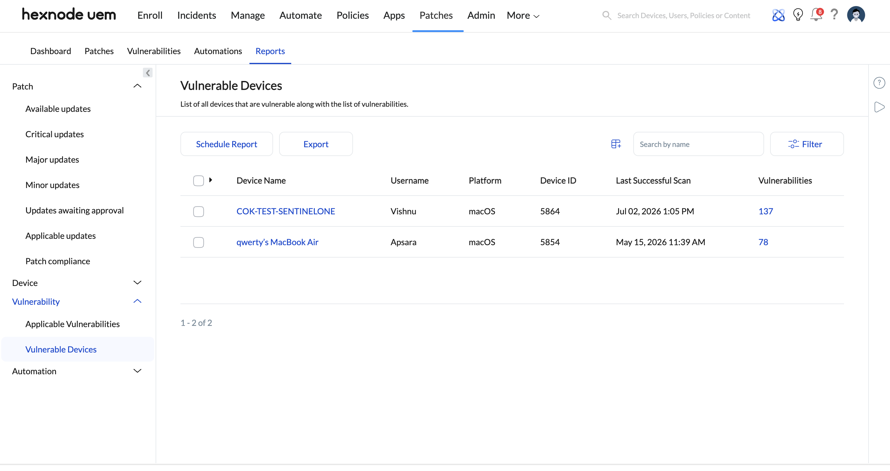 Screenshot of Hexnode console showing the Vulnerability report under Patches tab