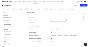 Screenshot of macOS Basic LAPS policy configuration in Hexnode UEM displaying options to add a new admin account and set password rotation intervals, length, and complexity.