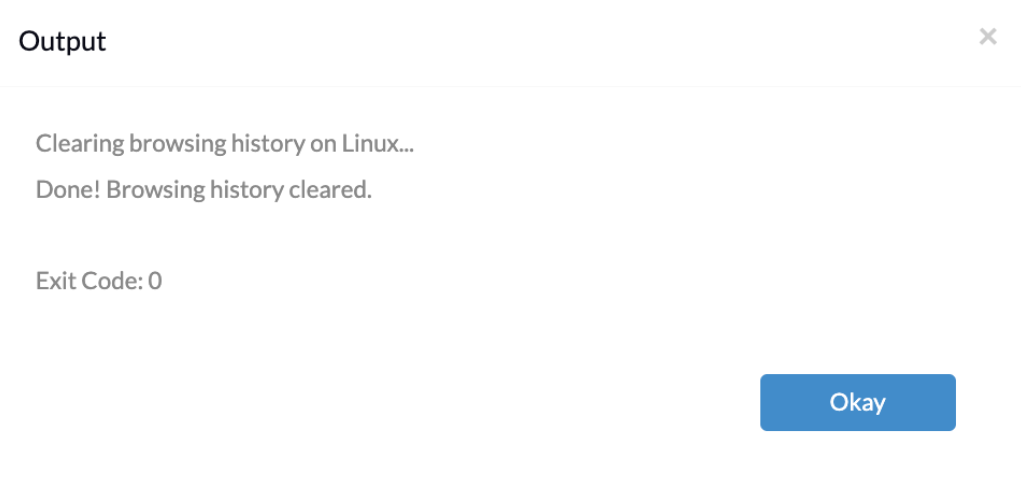 Clear browser history on Linux devices Hexnode UEM Action History showing the successful execution of clear browser history on Linux device