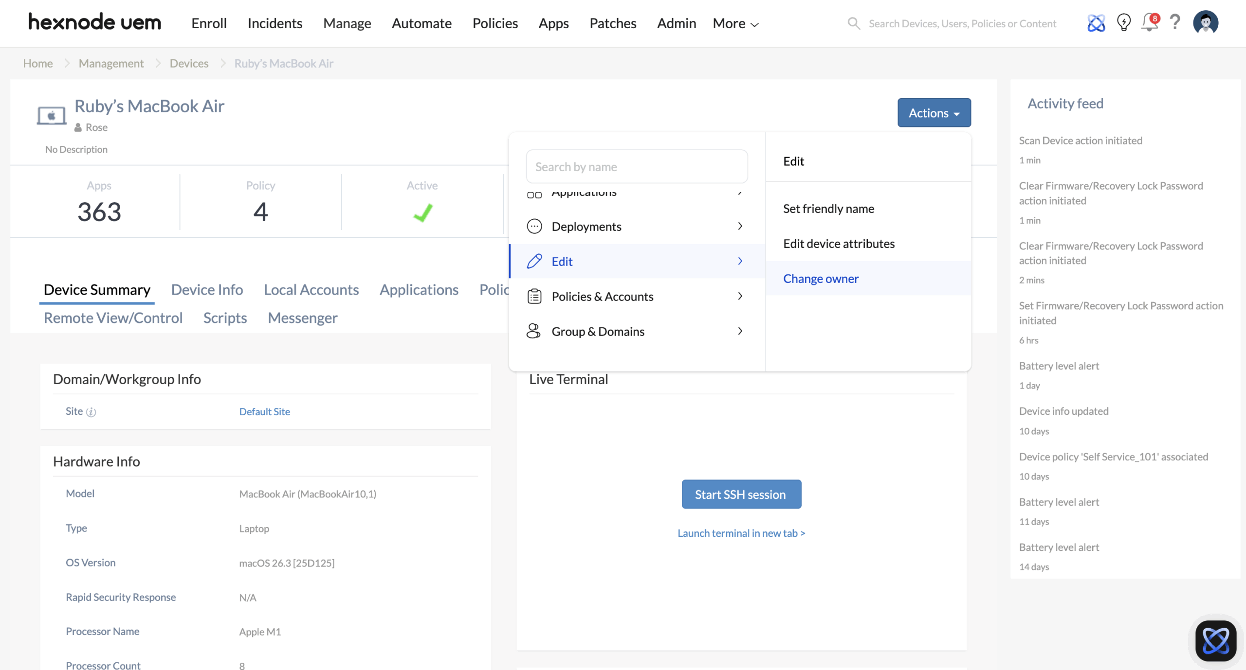 Changing the user of a device using the Change Owner action for bulk re-enrollment strategies Screenshot of the Hexnode UEM dashboard for bulk re-enrollment strategies, featuring a selected device where the Actions menu is expanded to show the Change Owner remote action located under the Edit section.