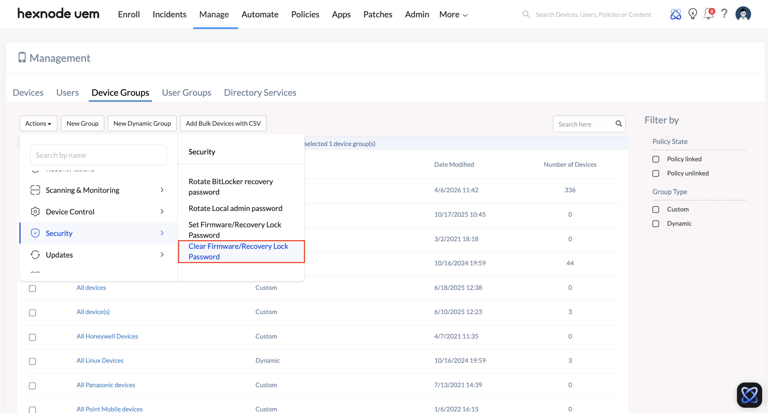 Clearing a firmware or recovery lock password to remove boot-level security Screenshot of Hexnode UEM dashboard showing targeted Macs selected in the Manage tab, with the Actions drop-down menu expanded to select the Clear Firmware or Recovery Lock Password option under Security for removing boot-level security constraints.