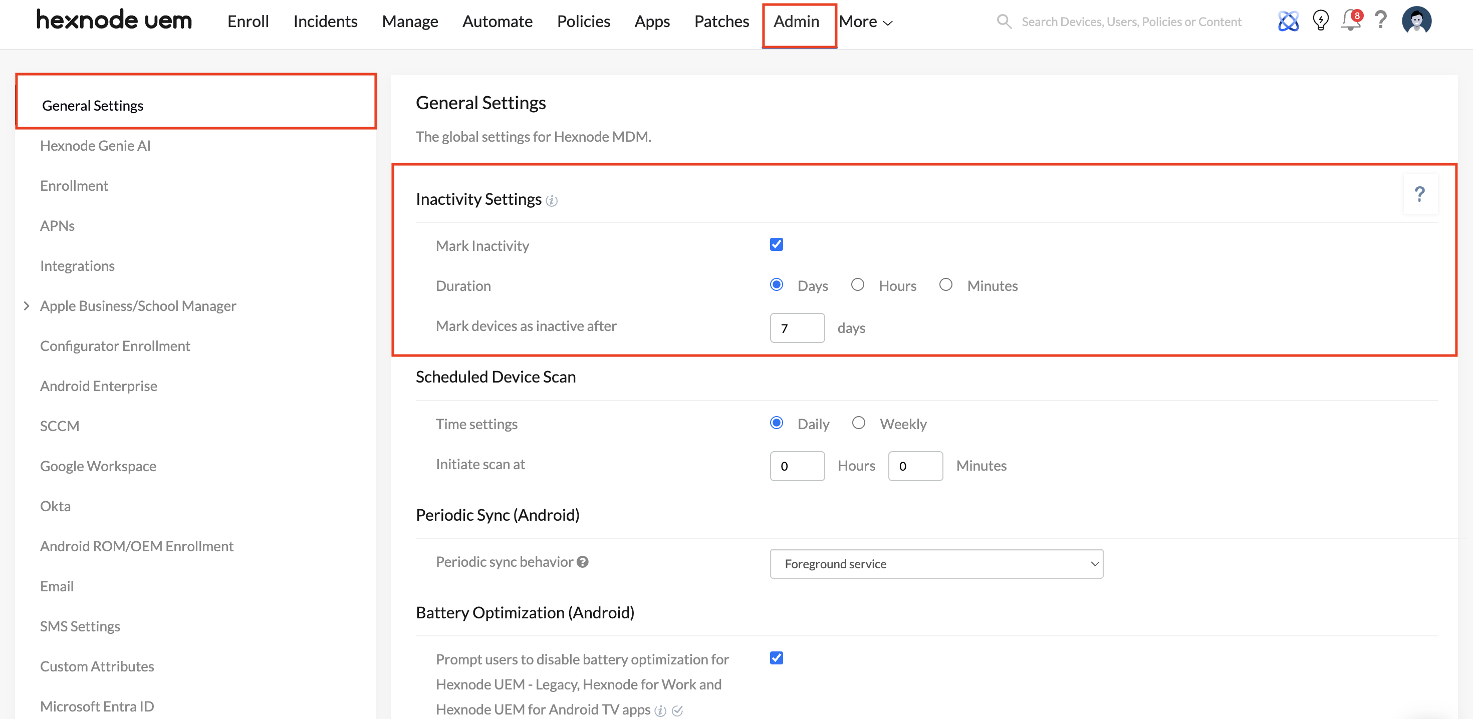 Configuring device Inactivity Settings with Hexnode Screenshot of Hexnode UEM console showing the Admin tab located between 'Patches' and 'More'. Within the General Settings section, the Inactivity Settings are open, displaying options to configure the duration after which a device will be marked as inactive