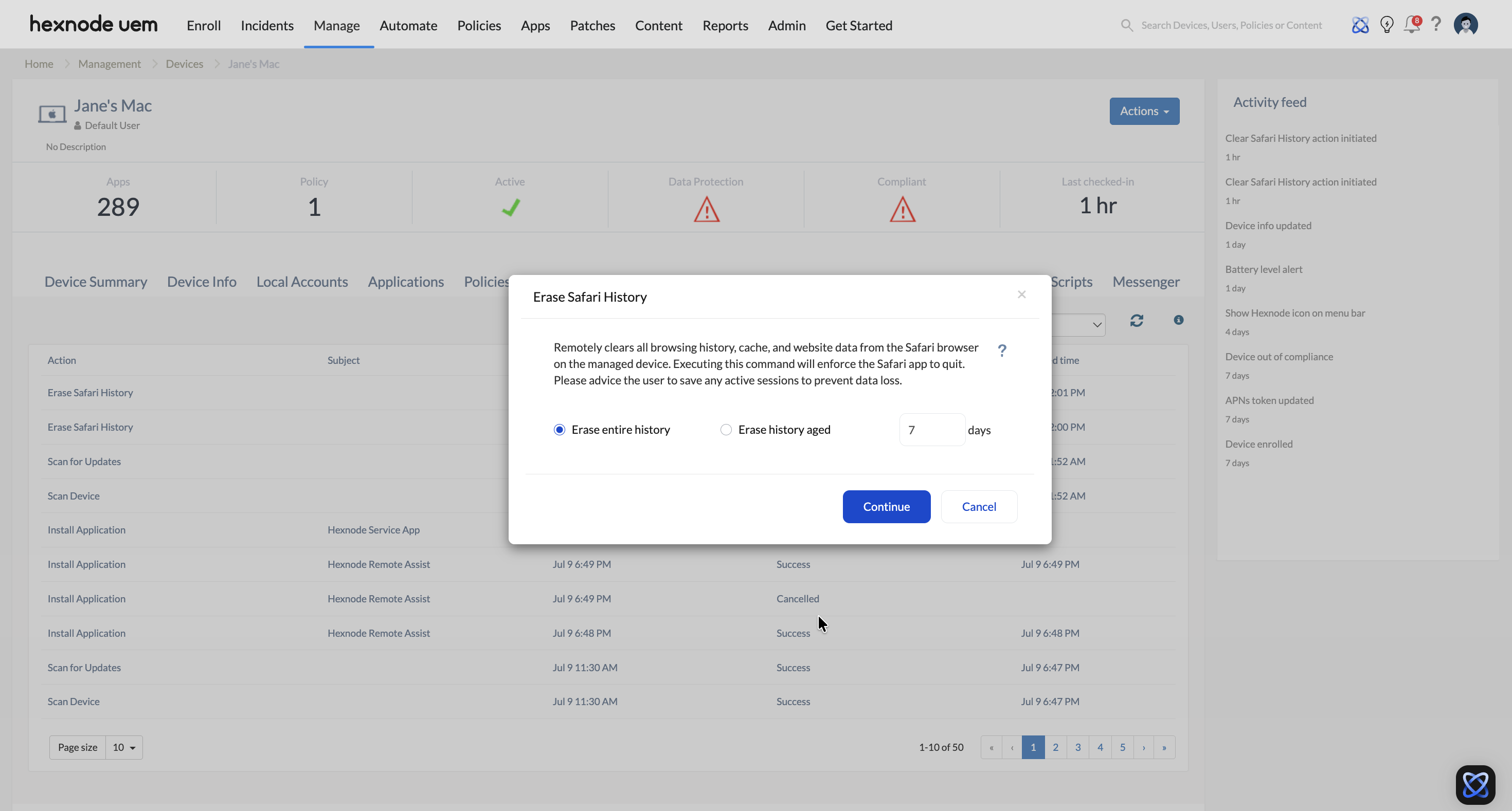 Screenshot of Hexnode UEM dashboard showing the ‘Erase Safari History’ remote action from the Actions drop-down in the Manage tab located between ‘Incidents’ and 'Automate’ in the top navigation bar.