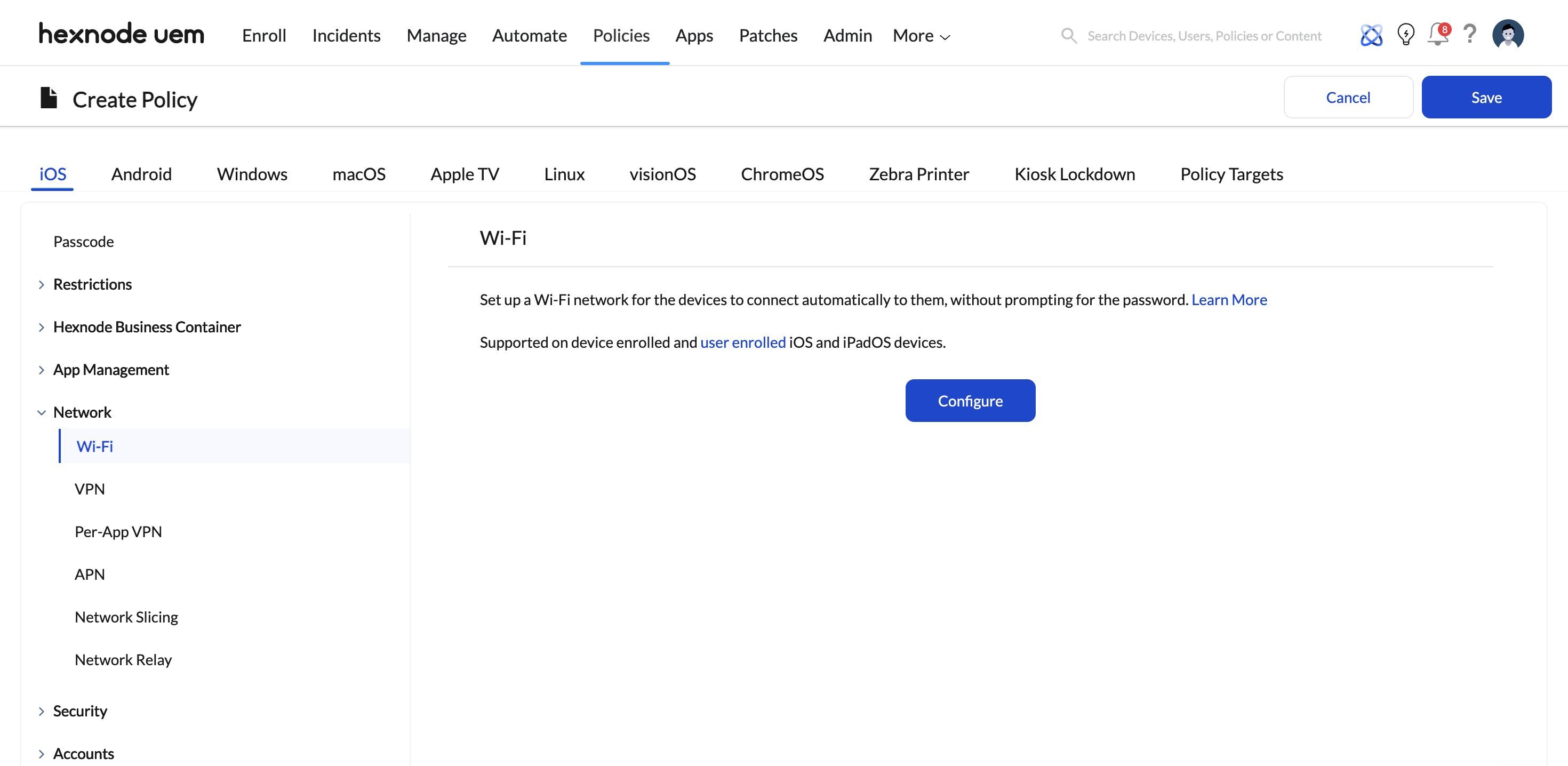 Hexnode iOS Wi-Fi Configuration policy Screenshot of Hexnode UEM console showing the Policies tab between 'Automate' and 'Apps'. With iOS selected as the platform, the Wi-Fi policy under the Network section is open, displaying a Configure button at the center of the window
