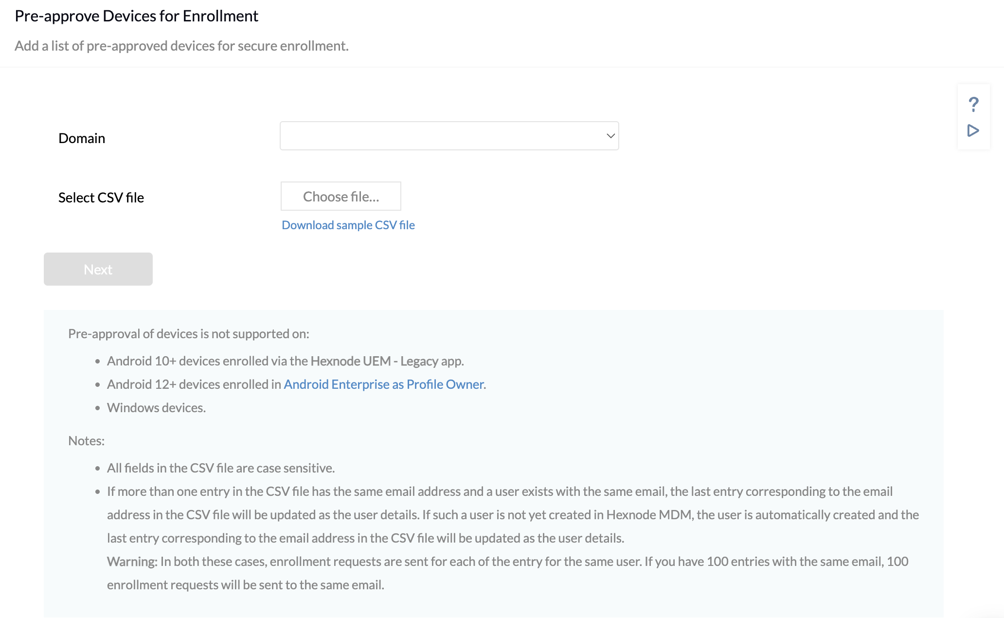 Pre-approve Devices for Enrollment settings Screenshot of Hexnode UEM console showing the Enroll tab, the first tab in the navigation bar. Under the All Enrollments sub-tab in the Enterprise section, the Pre-approve method is selected, displaying a domain selection dropdown and a CSV file upload button for bulk addition