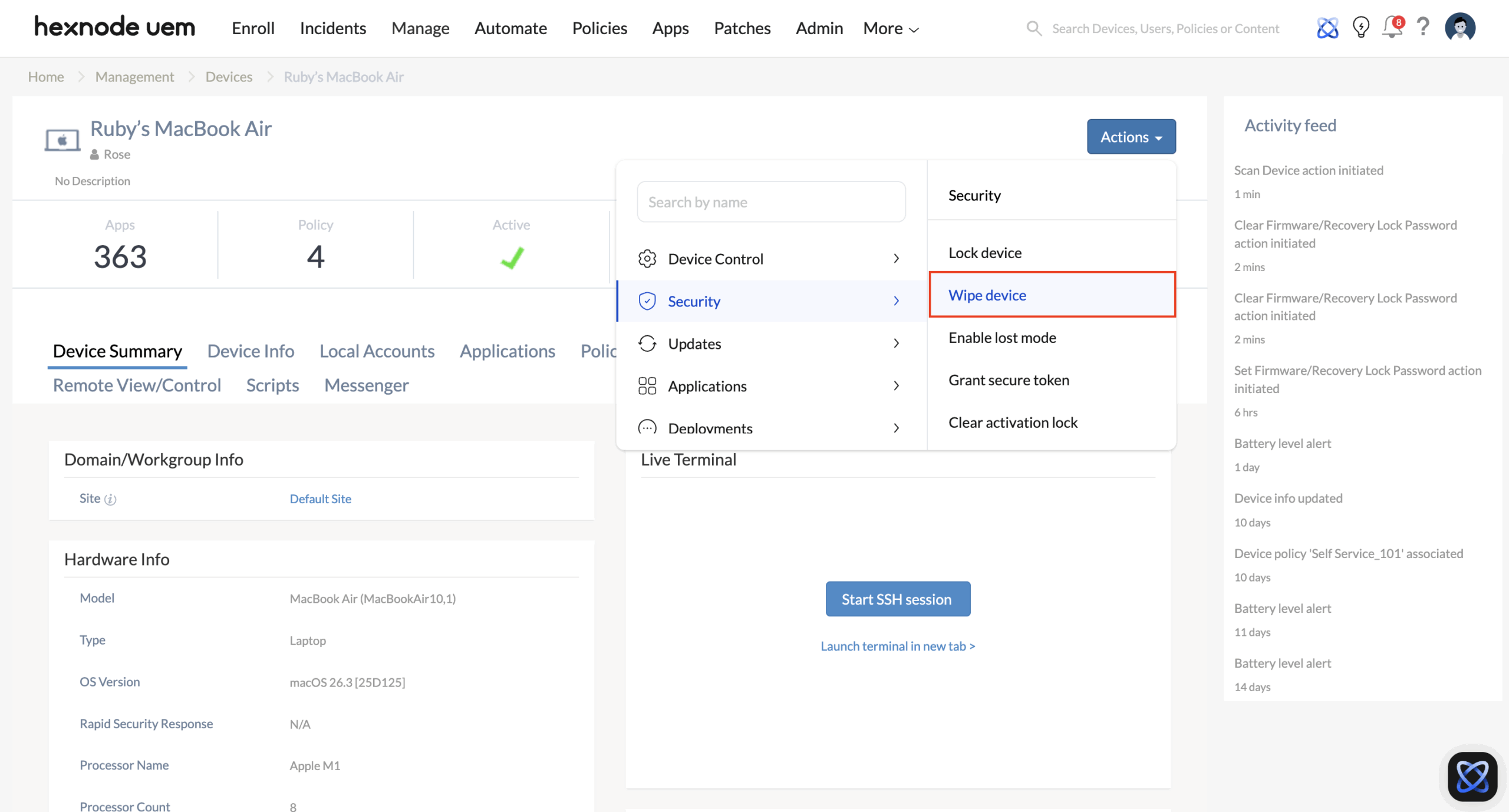 Resetting:wiping a device using the Wipe device action to execute bulk re-enrollment strategies Screenshot of the Hexnode UEM dashboard demonstrating bulk re-enrollment strategies, showing a selected device with the Actions drop-down menu expanded to reveal the Wipe Device remote action located under the Security section.