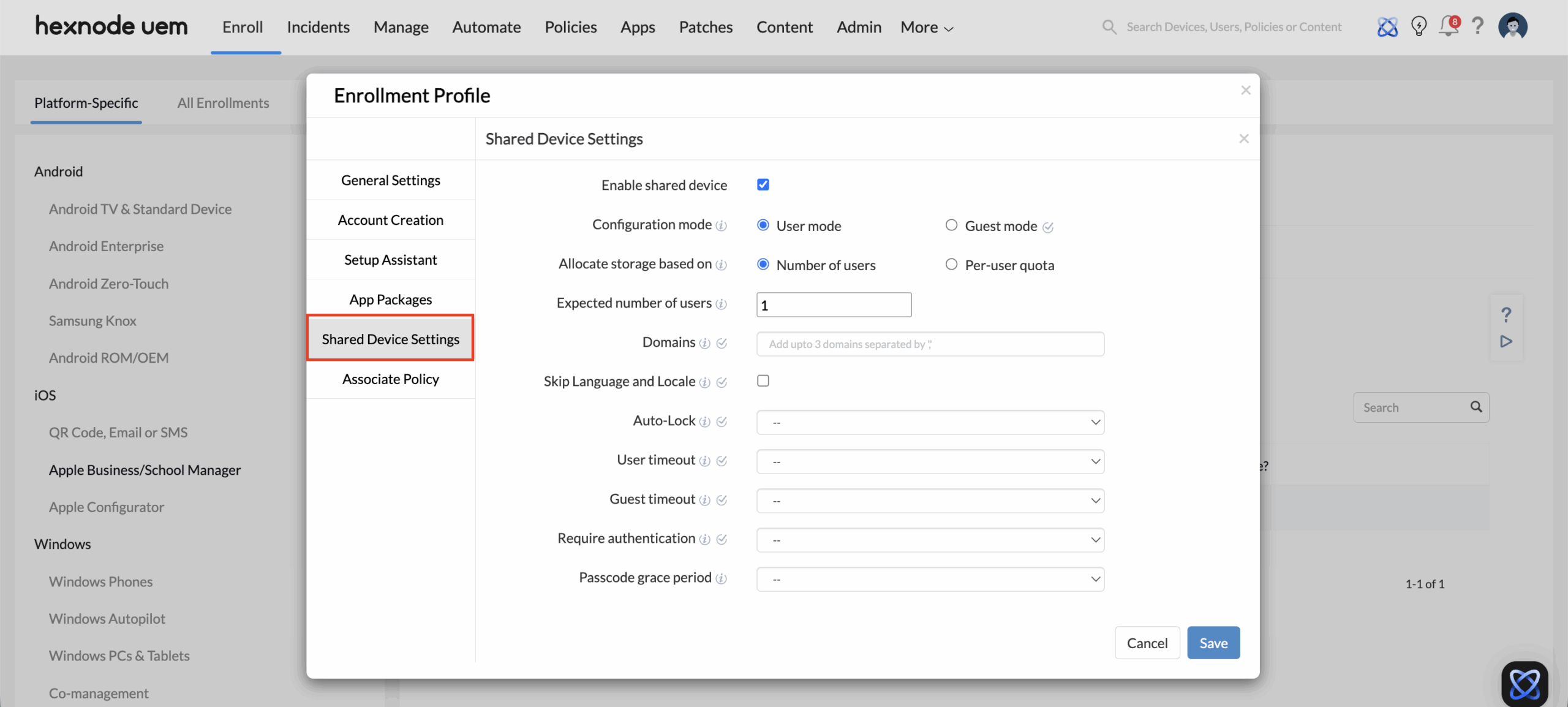 Screenshot displaying the various options available under Shared Device Settings in iOS within the Enrollment Profile section.Navigate through the portal by selecting the Enrollment menu, then choosing iOS followed by Apple Business or School Manager. From there, go into the Enrollment Profile section and select the option to Create Enrollment Profile, where you will find the specific configuration for Shared Device Settings.