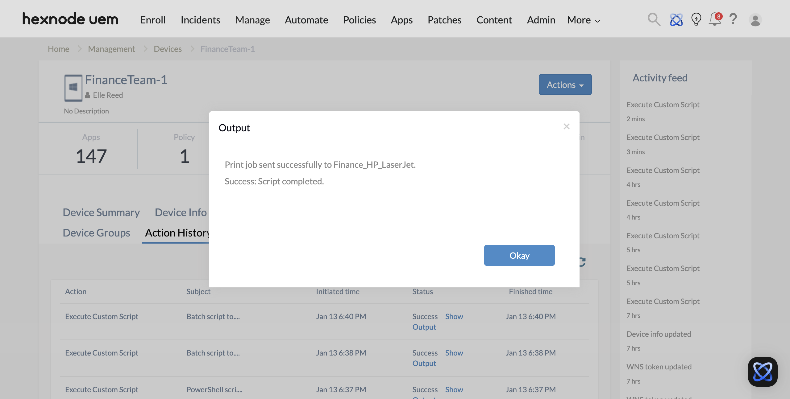 Screenshot of the Action History page showing the output after executing the Batch Script to print text to printer