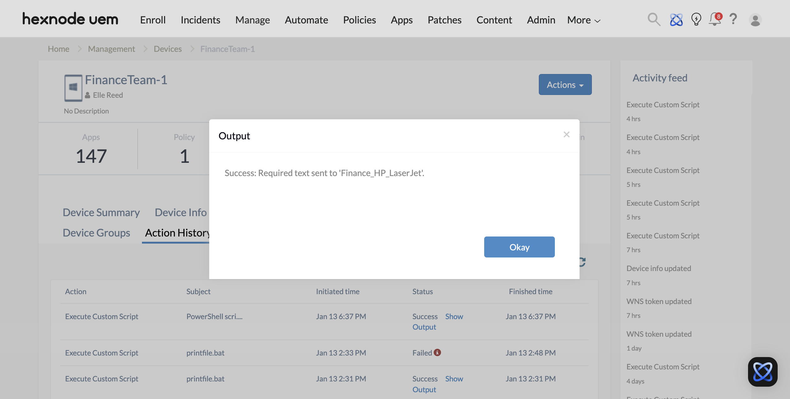 Screenshot of the Action History page showing the output after executing the PowerShell Script to print text to printer