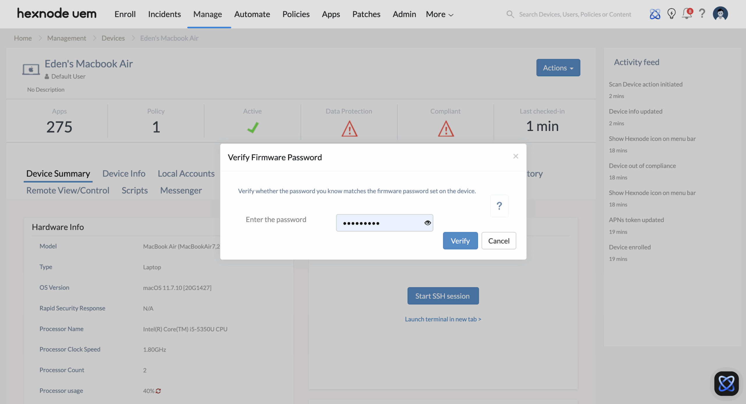 Verifying Mac boot-level security using the Verify Firmware password remote action Screenshot of Hexnode UEM dashboard showing a specific macOS device selected in the Manage tab, with the Actions menu opened to choose the Verify Firmware Password option under Security to audit boot-level security.
