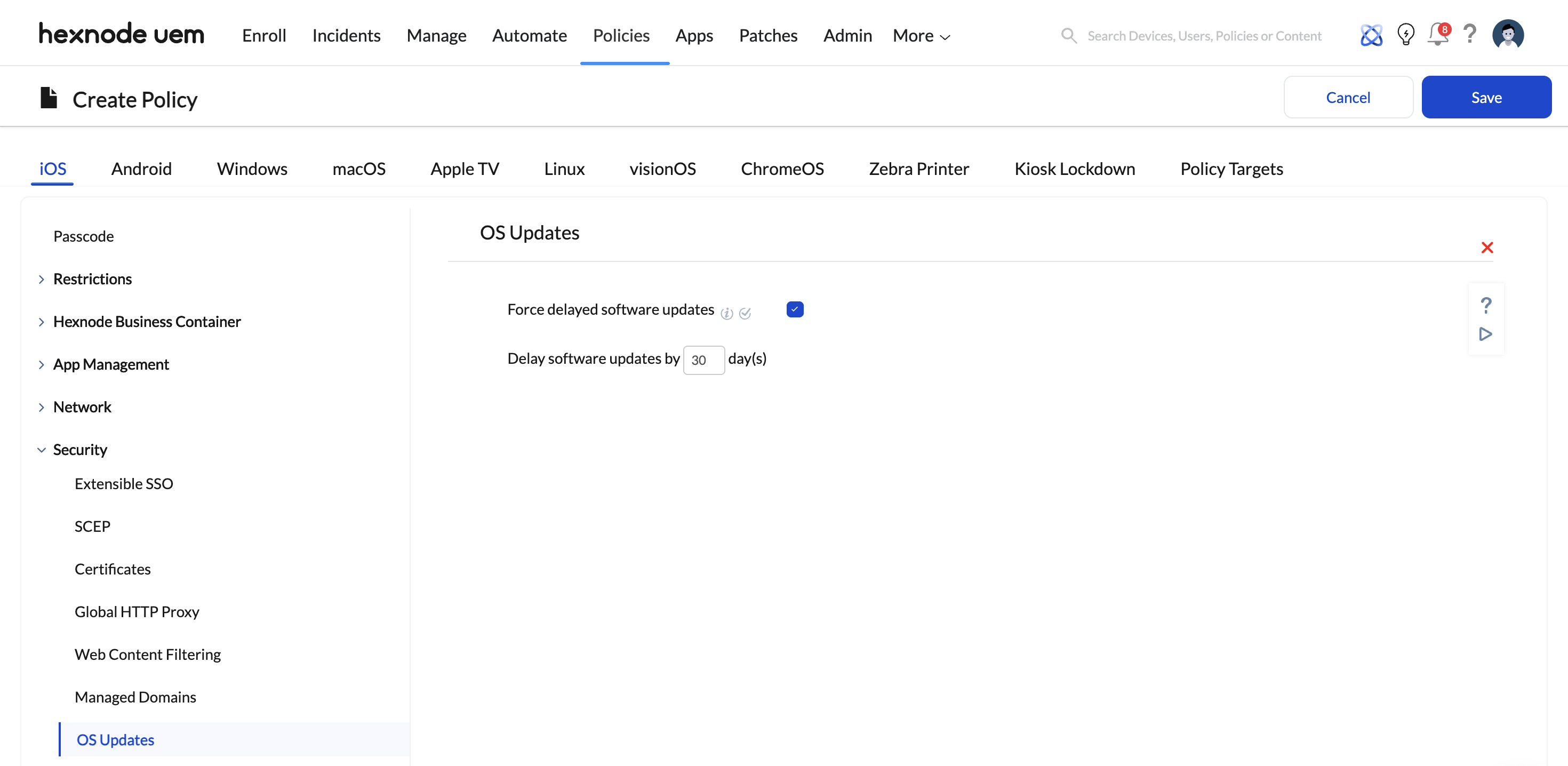 iOS enforce software update delay with hexnode Screenshot of Hexnode UEM console showing the Policies tab between 'Automate' and 'Apps'. With iOS selected as the platform, the OS Updates policy under the Security section is open, displaying options to delay software updates for 30 days