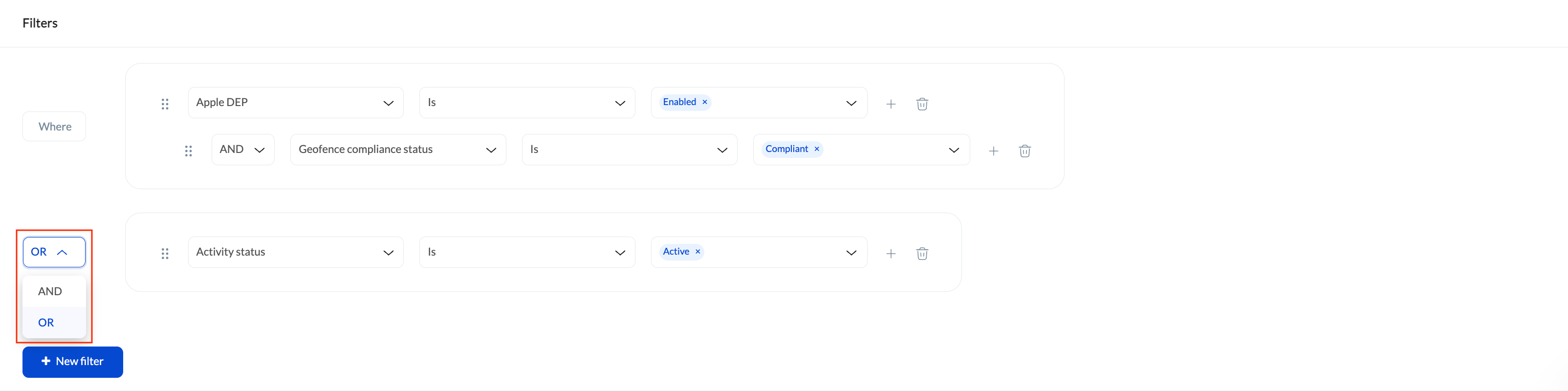 Screenshot showing how to add conditions and filters to associate targets for an automation. Admins can use various filter categories like device, user, network or status and assign the designated values to target specific endpoints. 