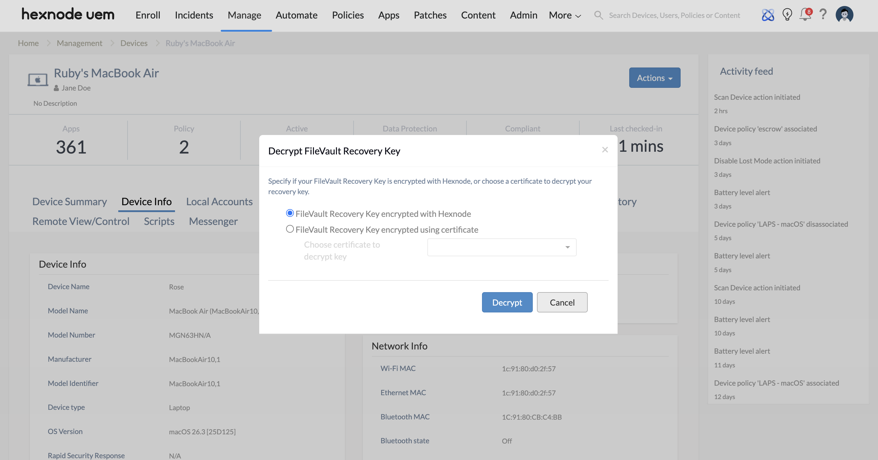 Screenshot of Hexnode UEM dashboard showing the Decrypt FileVault Recovery Key options in the Device Details page