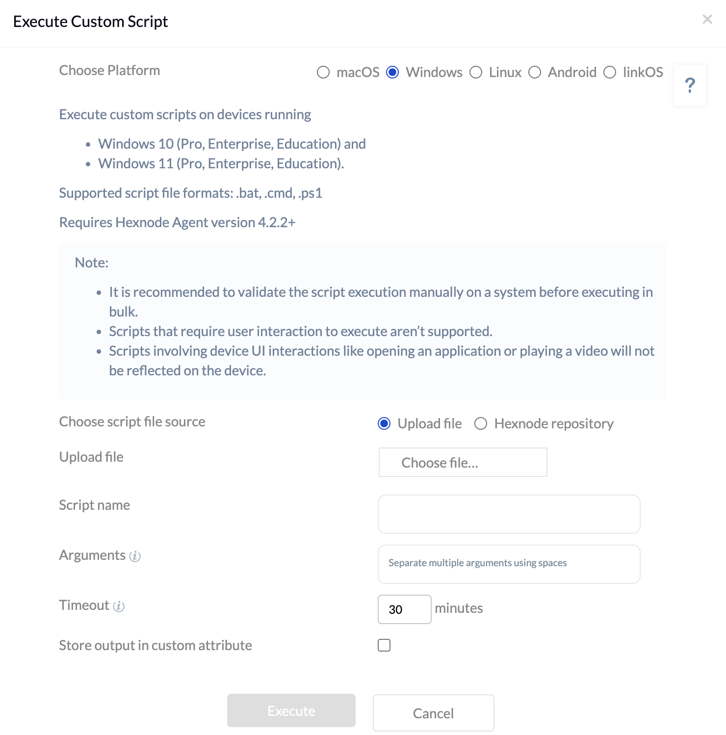Execute Custom Script for Windows device for Dynamic Scripting Screenshot of Hexnode UEM console showing the Manage tab. A Windows device is selected, and the Actions dropdown menu is open. Under the Deployments remote actions category, the Execute Custom Script action is selected, displaying the interface for file uploads and additional script execution parameters